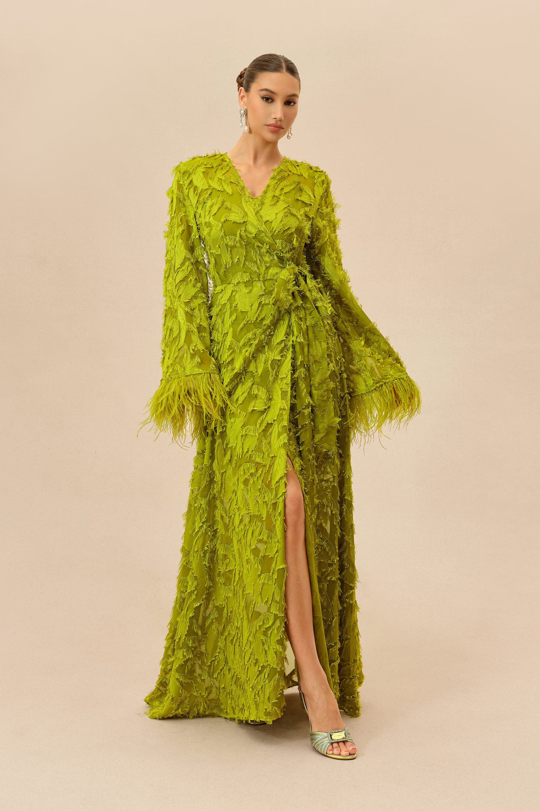 Secret Affair Green Leaf Applique Featherer Cuff Maxi Dress