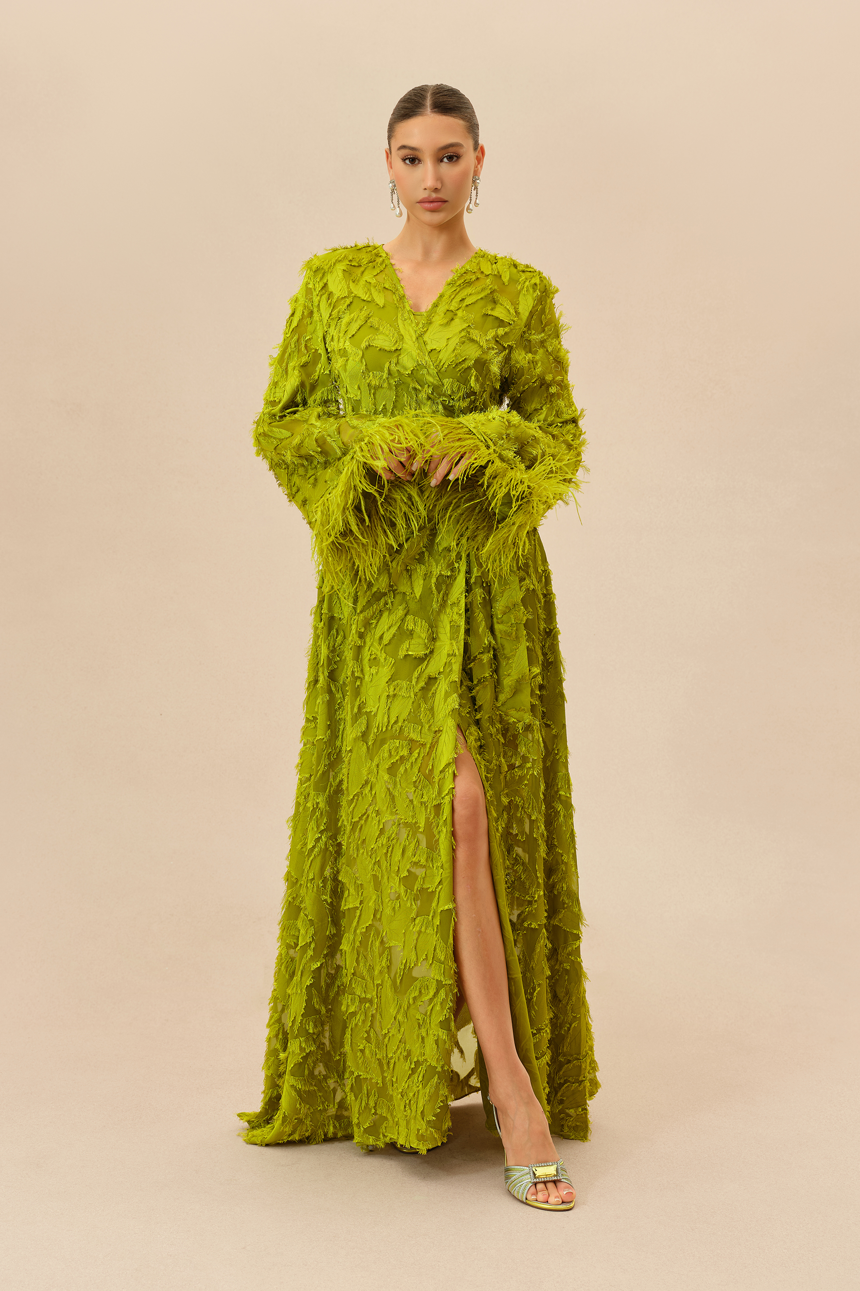 Secret Affair Green Leaf Applique Featherer Cuff Maxi Dress