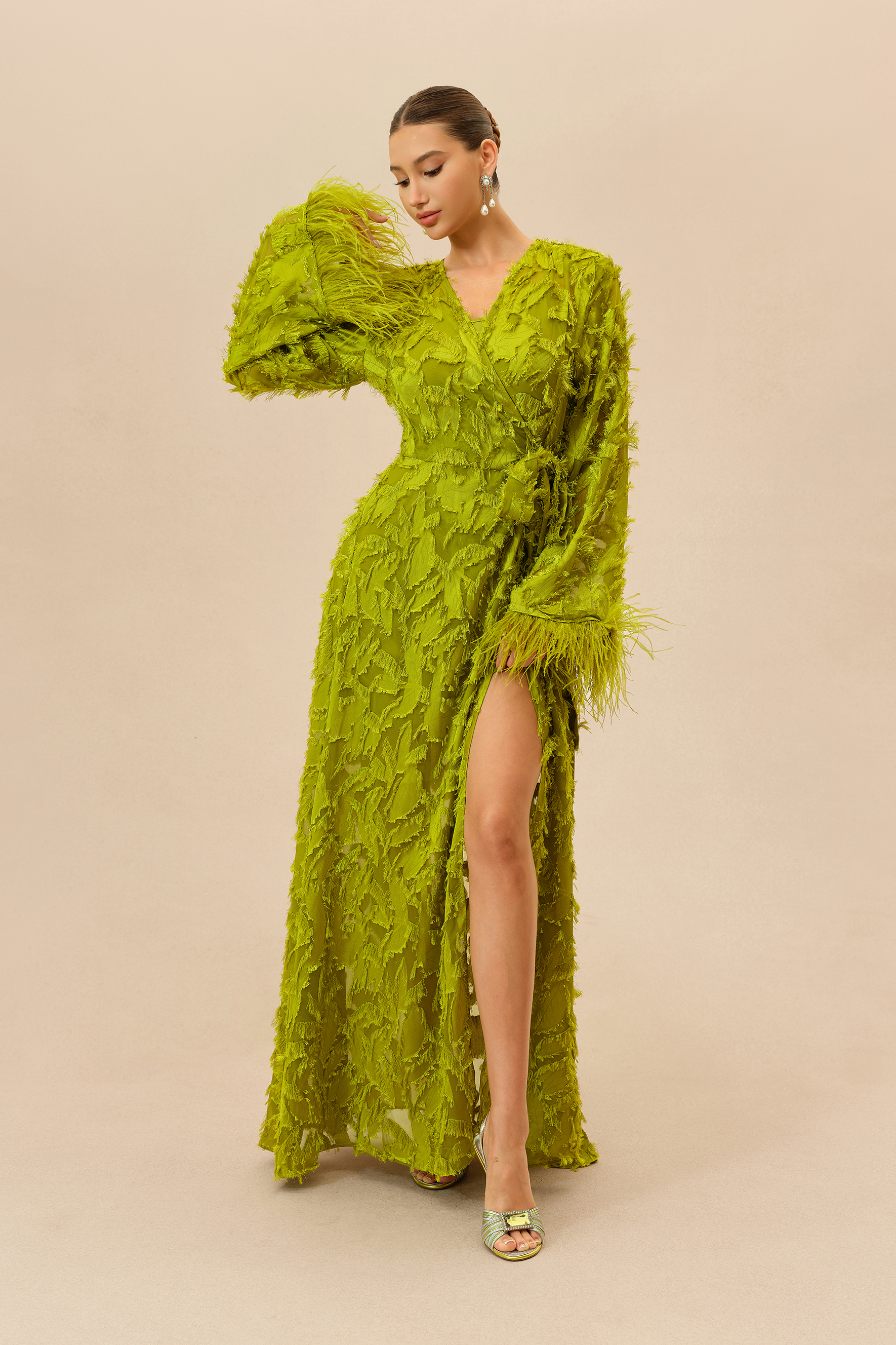 Secret Affair Green Leaf Applique Featherer Cuff Maxi Dress