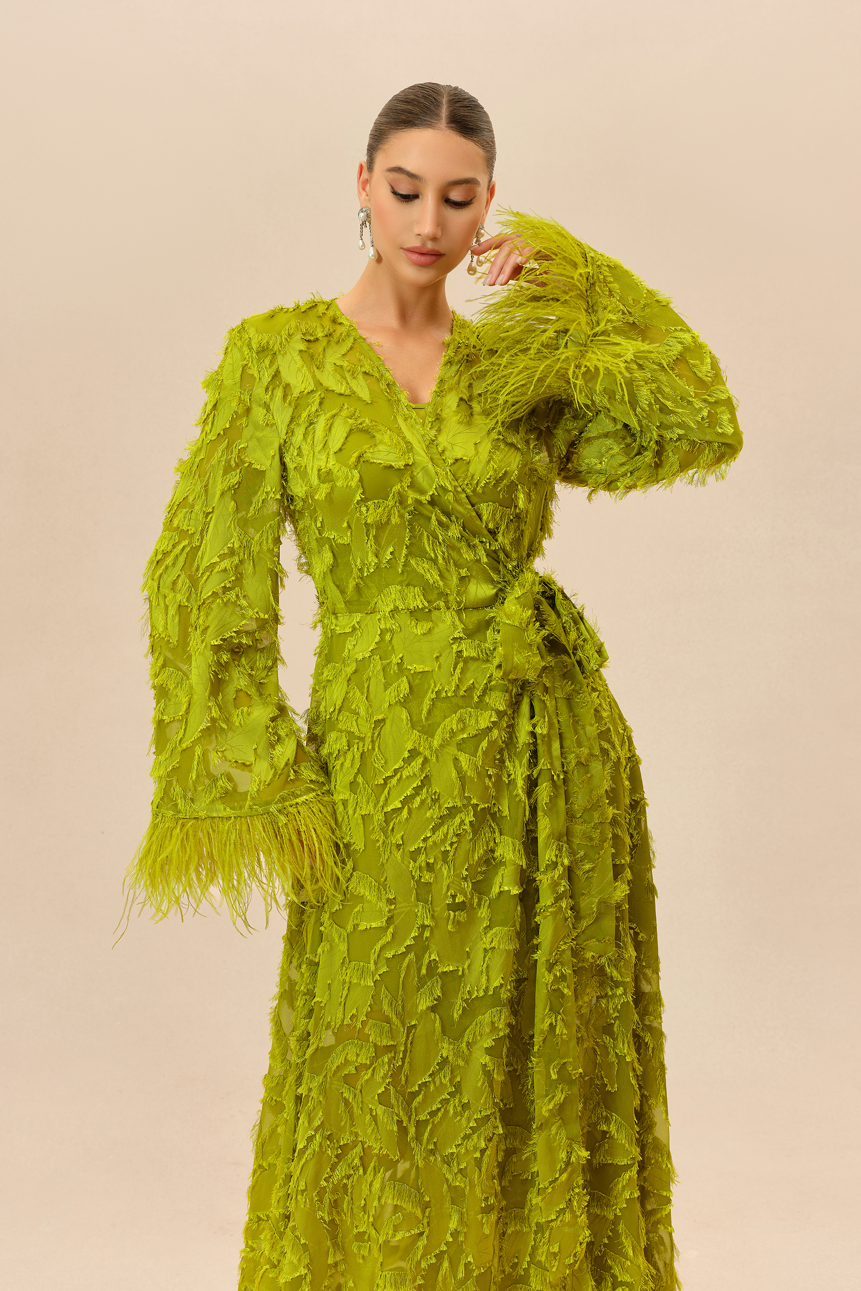 Secret Affair Green Leaf Applique Featherer Cuff Maxi Dress