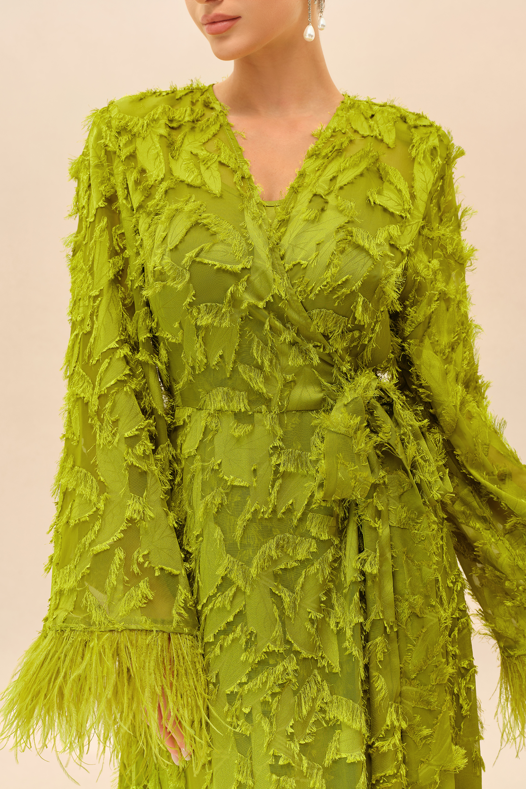 Secret Affair Green Leaf Applique Featherer Cuff Maxi Dress