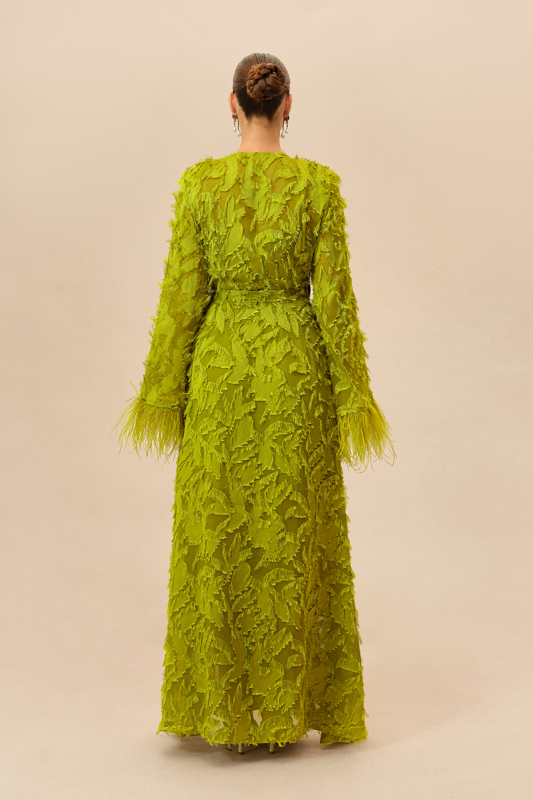 Secret Affair Green Leaf Applique Featherer Cuff Maxi Dress