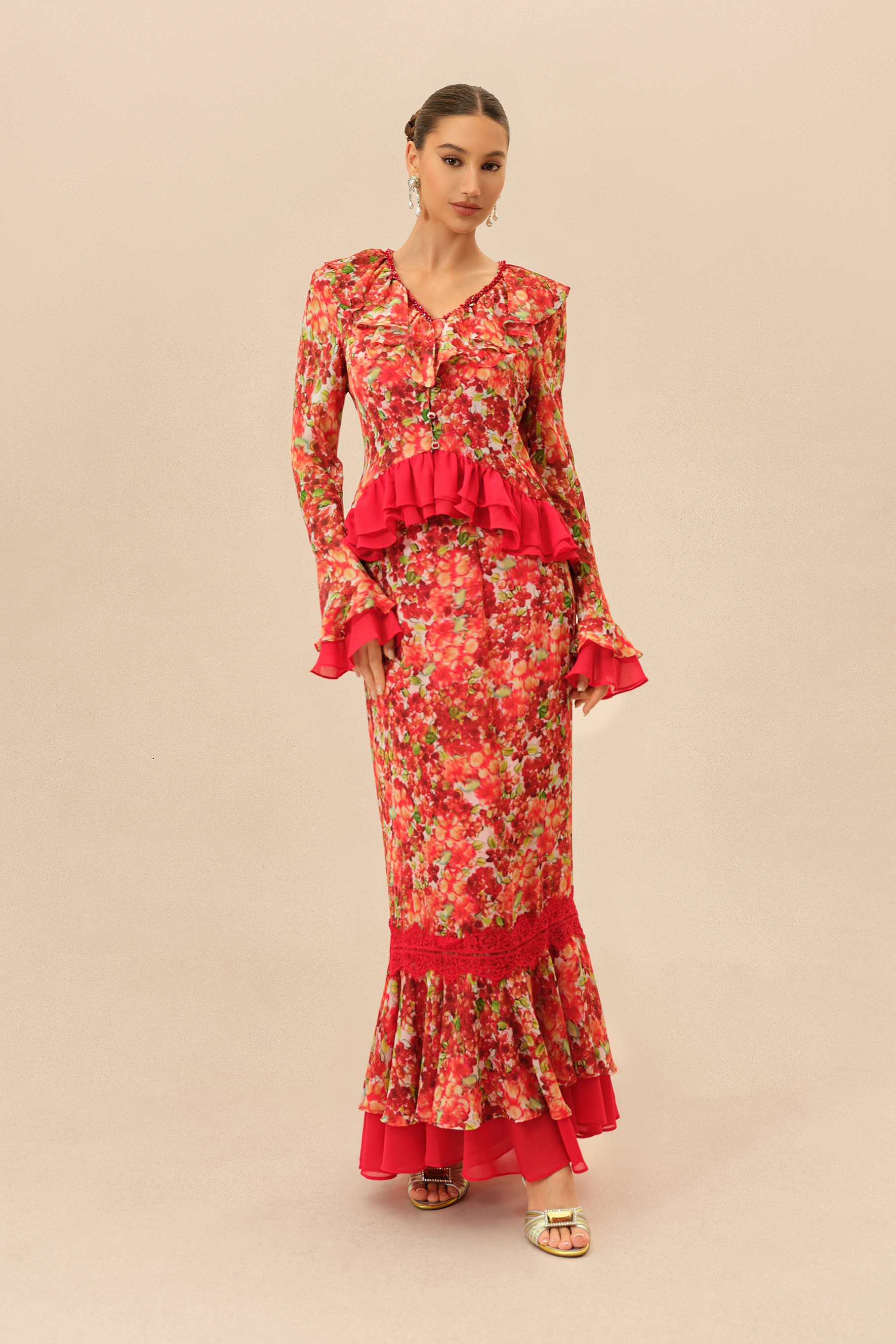 Passion Bloom Red Floral Print Ruffle Trim Top & Skirt Set