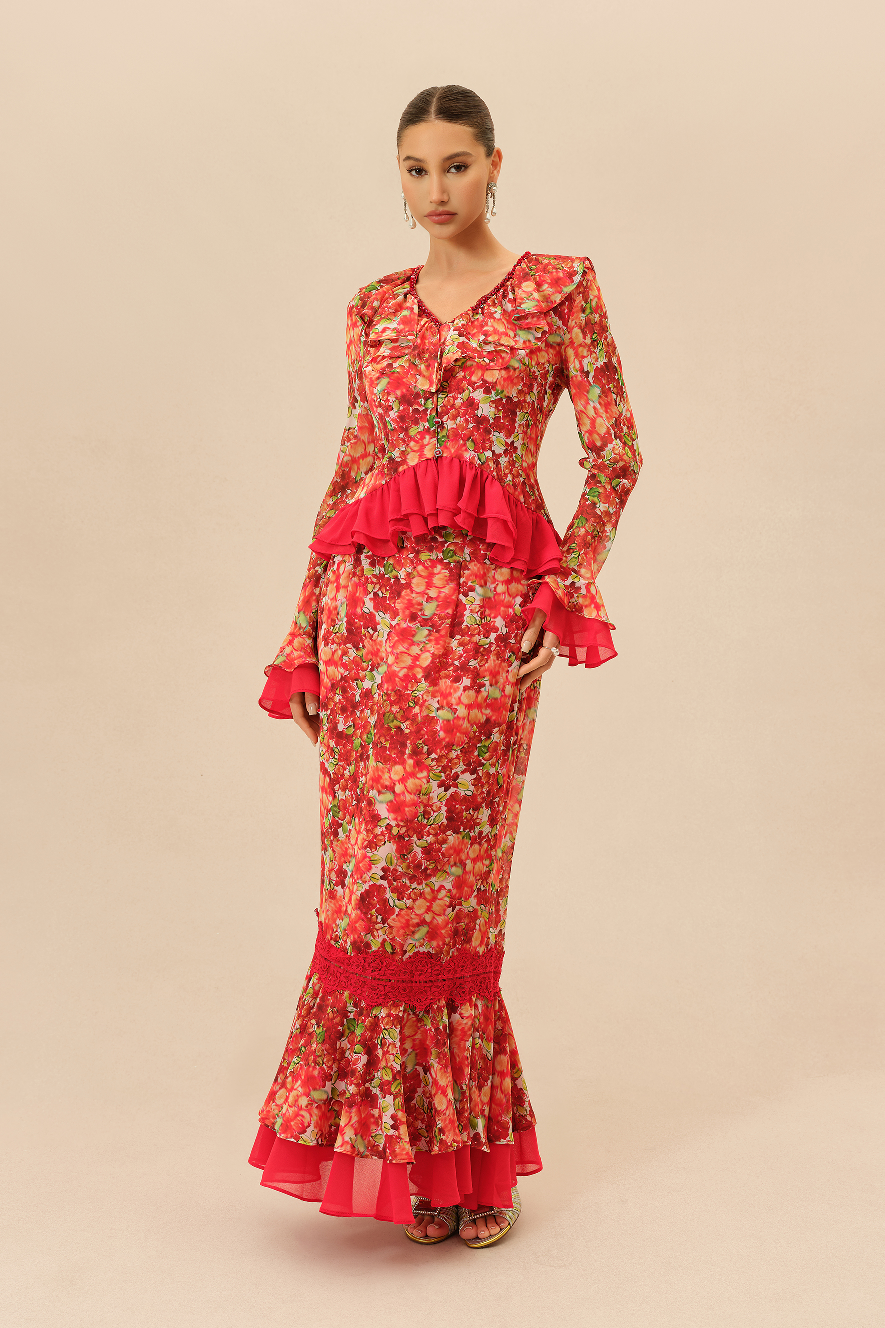 Passion Bloom Red Floral Print Ruffle Trim Top & Skirt Set