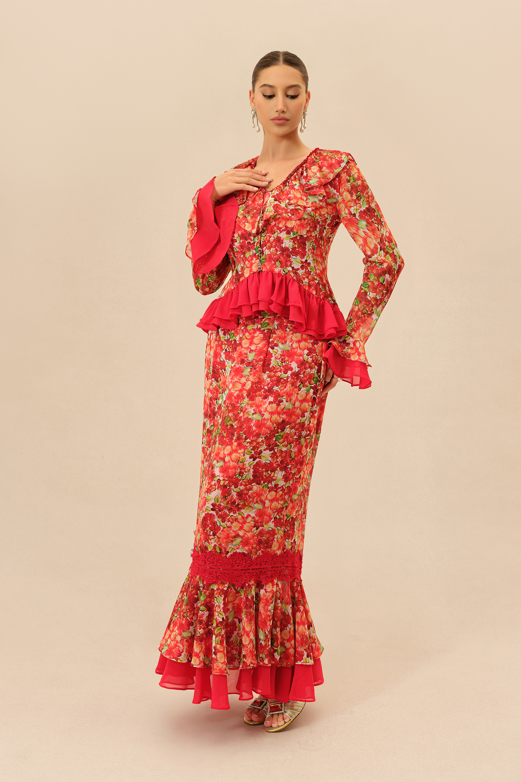 Passion Bloom Red Floral Print Ruffle Trim Top & Skirt Set