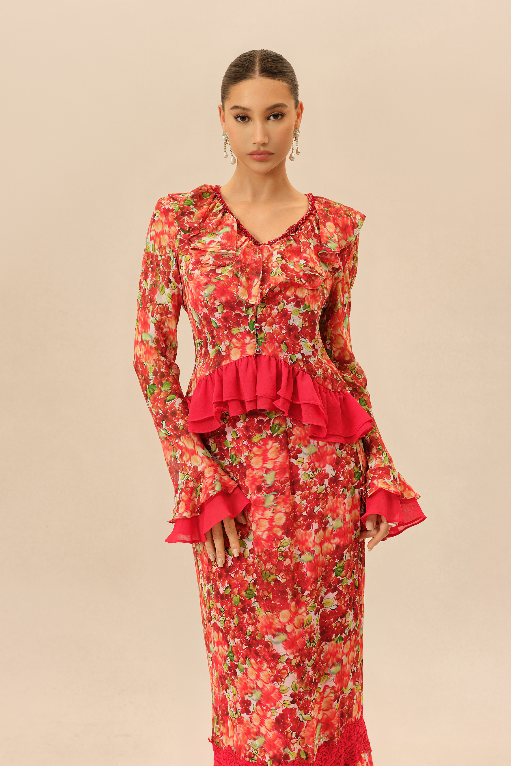 Passion Bloom Red Floral Print Ruffle Trim Top & Skirt Set