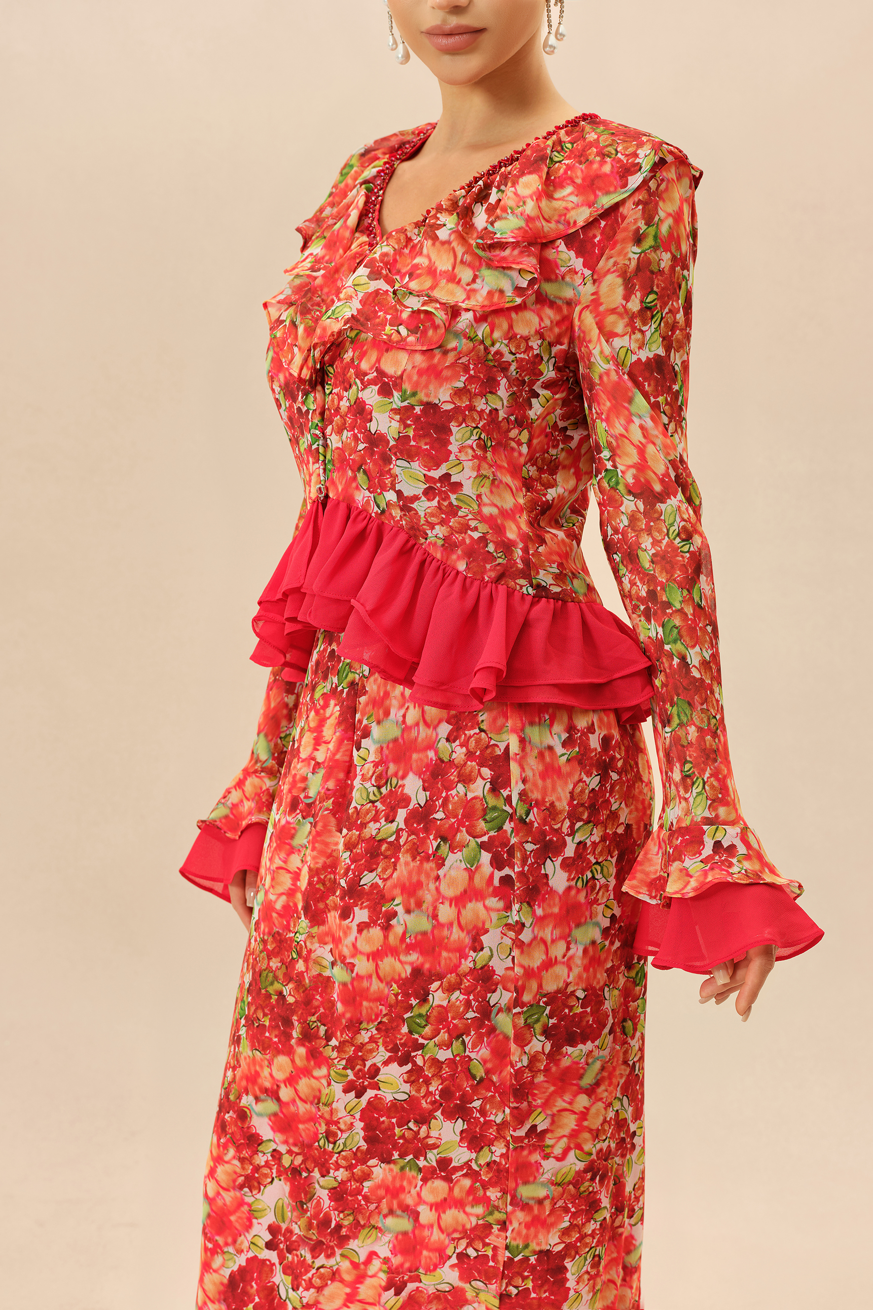 Passion Bloom Red Floral Print Ruffle Trim Top & Skirt Set