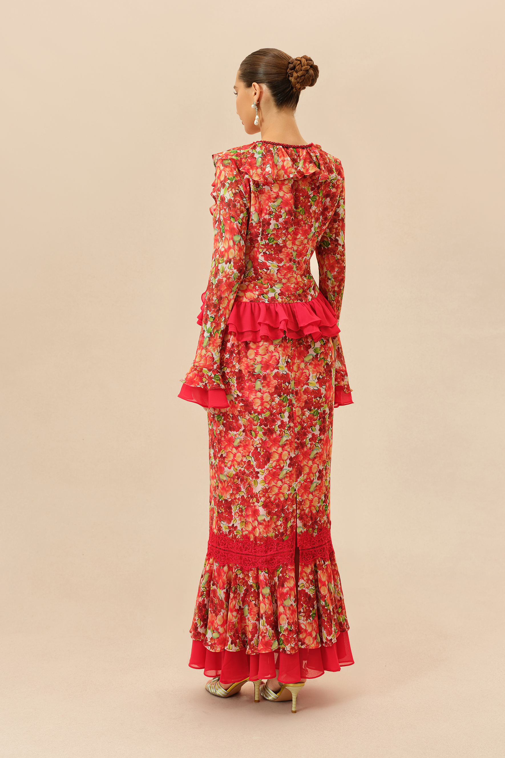 Passion Bloom Red Floral Print Ruffle Trim Top & Skirt Set