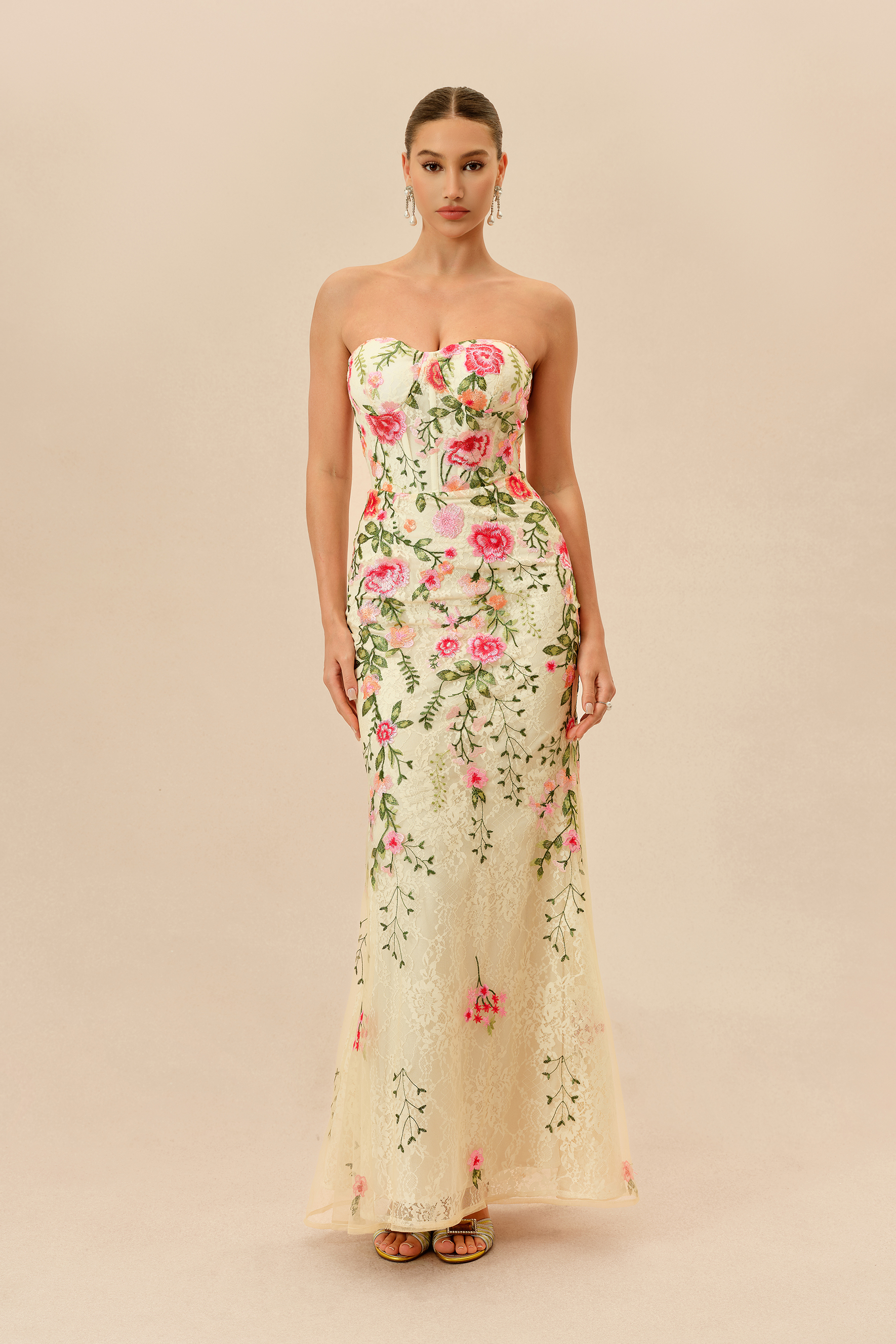 Stand Apart Beige Floral Embroidery Strapless Maxi Dress