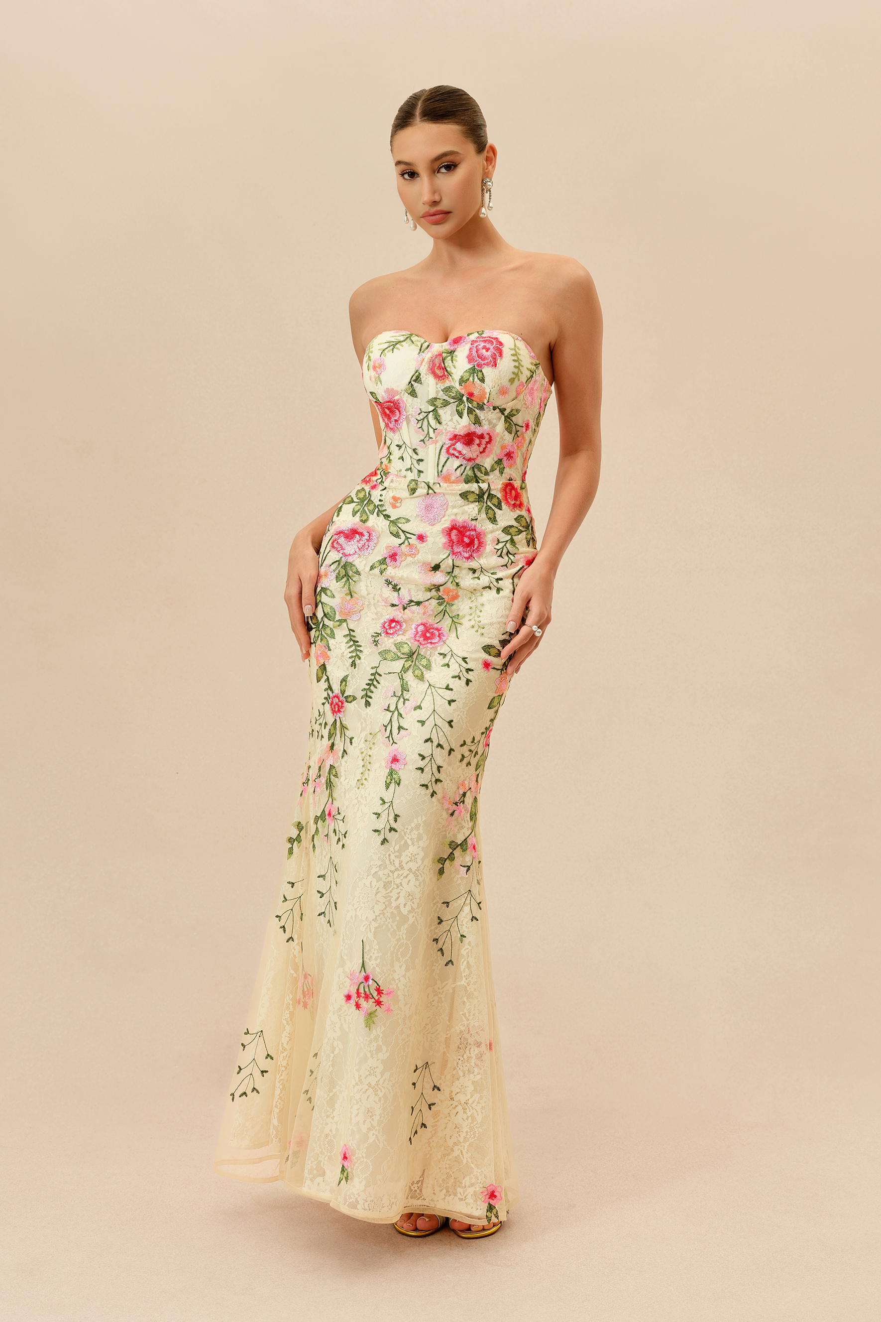 Stand Apart Beige Floral Embroidery Strapless Maxi Dress