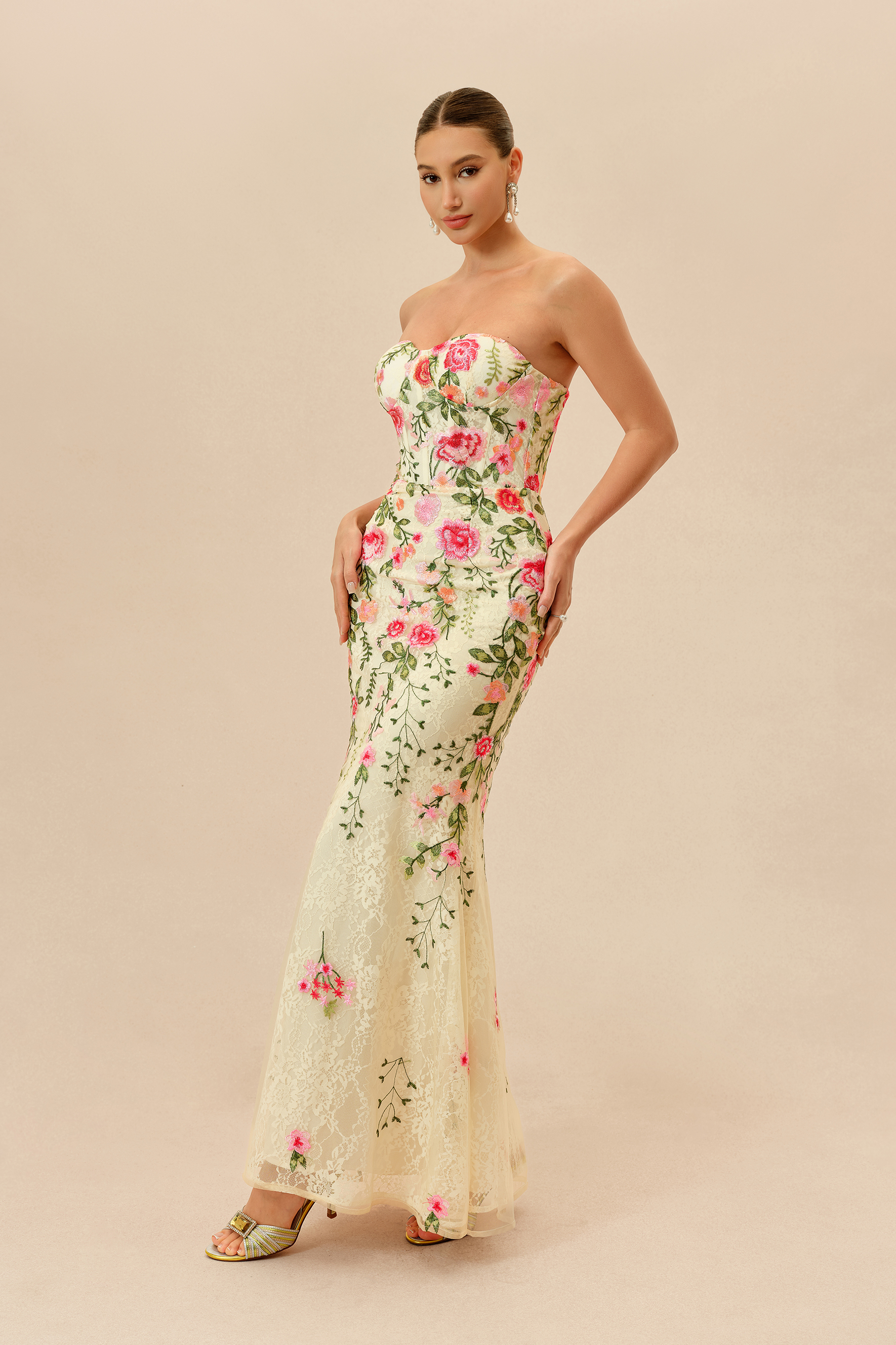 Stand Apart Beige Floral Embroidery Strapless Maxi Dress