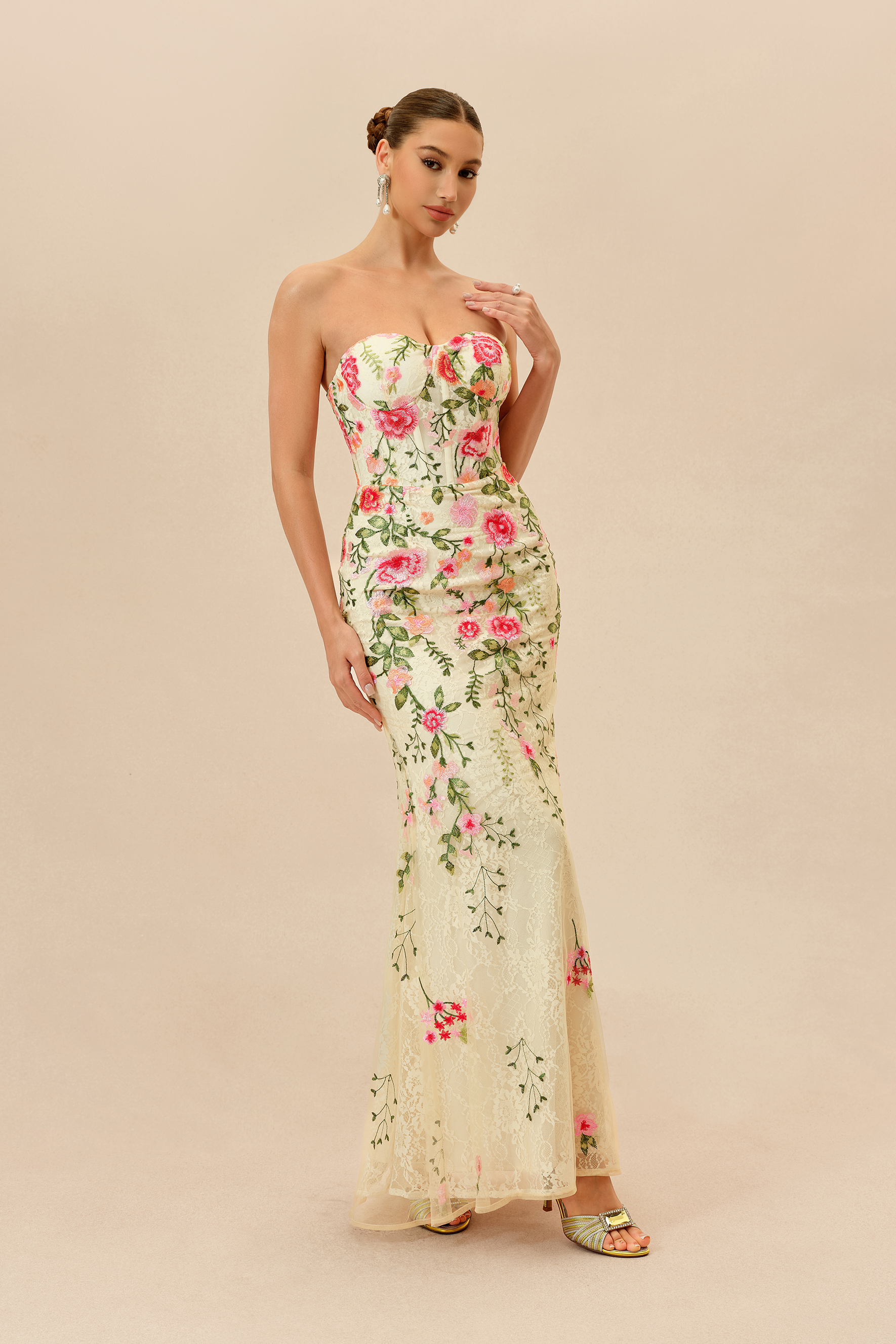 Stand Apart Beige Floral Embroidery Strapless Maxi Dress