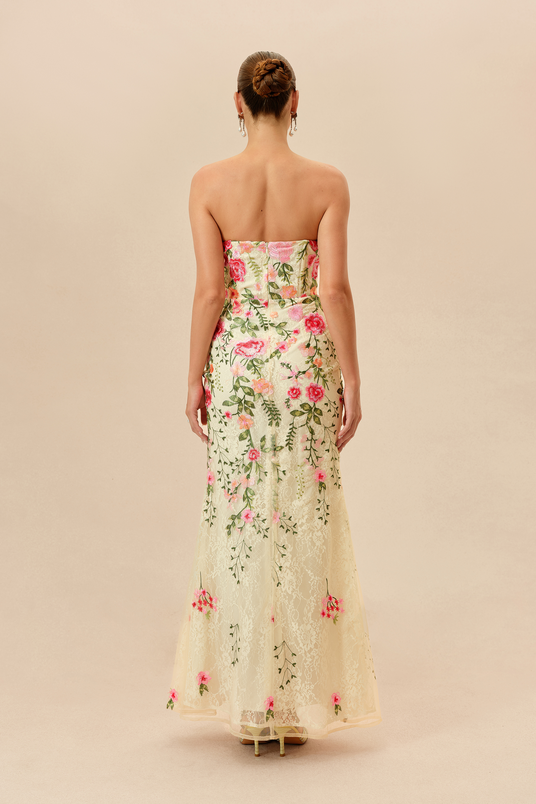 Stand Apart Beige Floral Embroidery Strapless Maxi Dress
