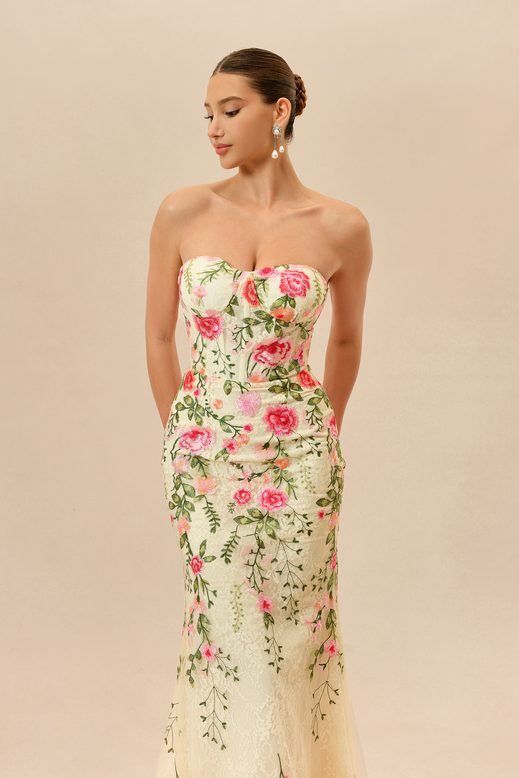 Stand Apart Beige Floral Embroidery Strapless Maxi Dress