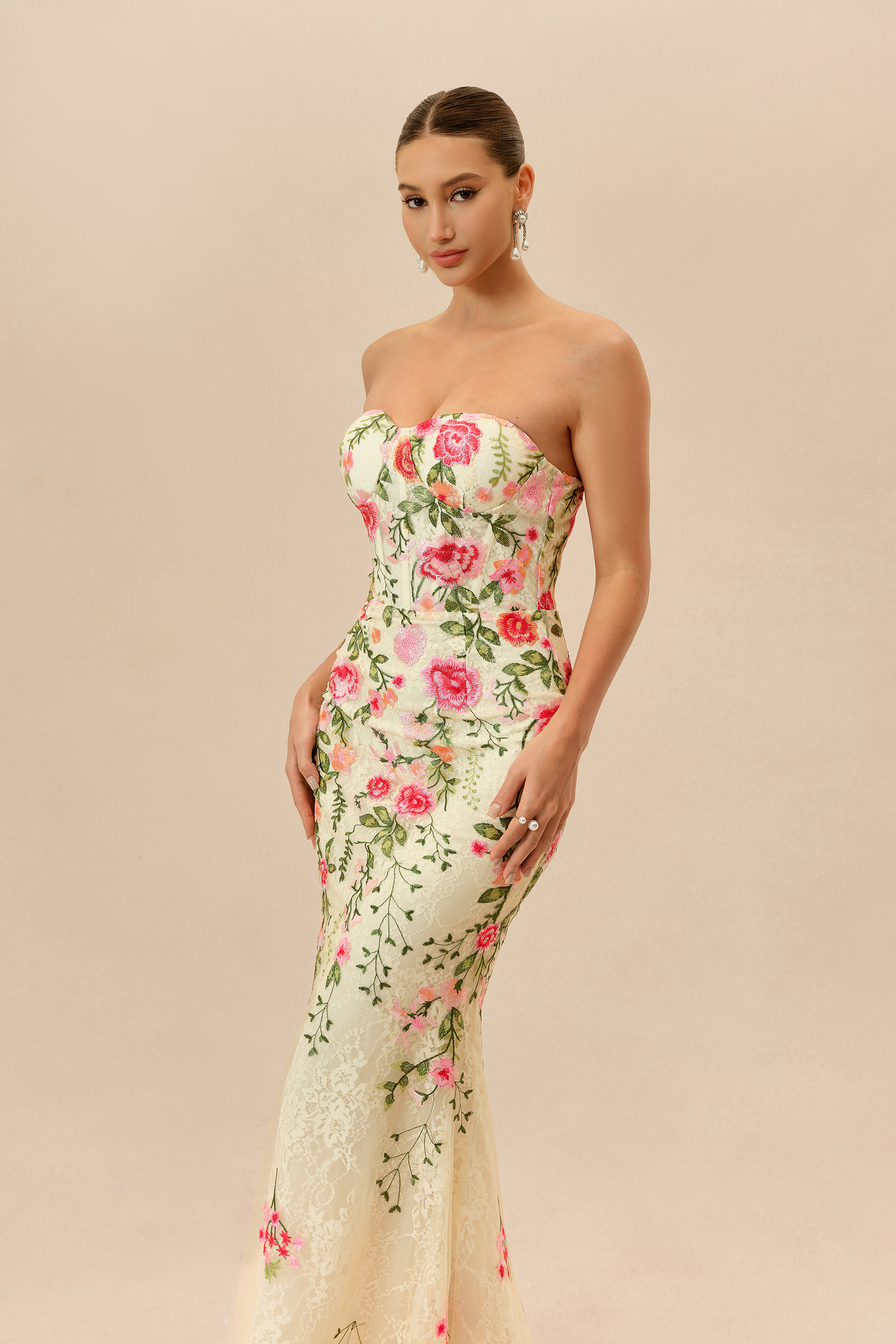 Stand Apart Beige Floral Embroidery Strapless Maxi Dress