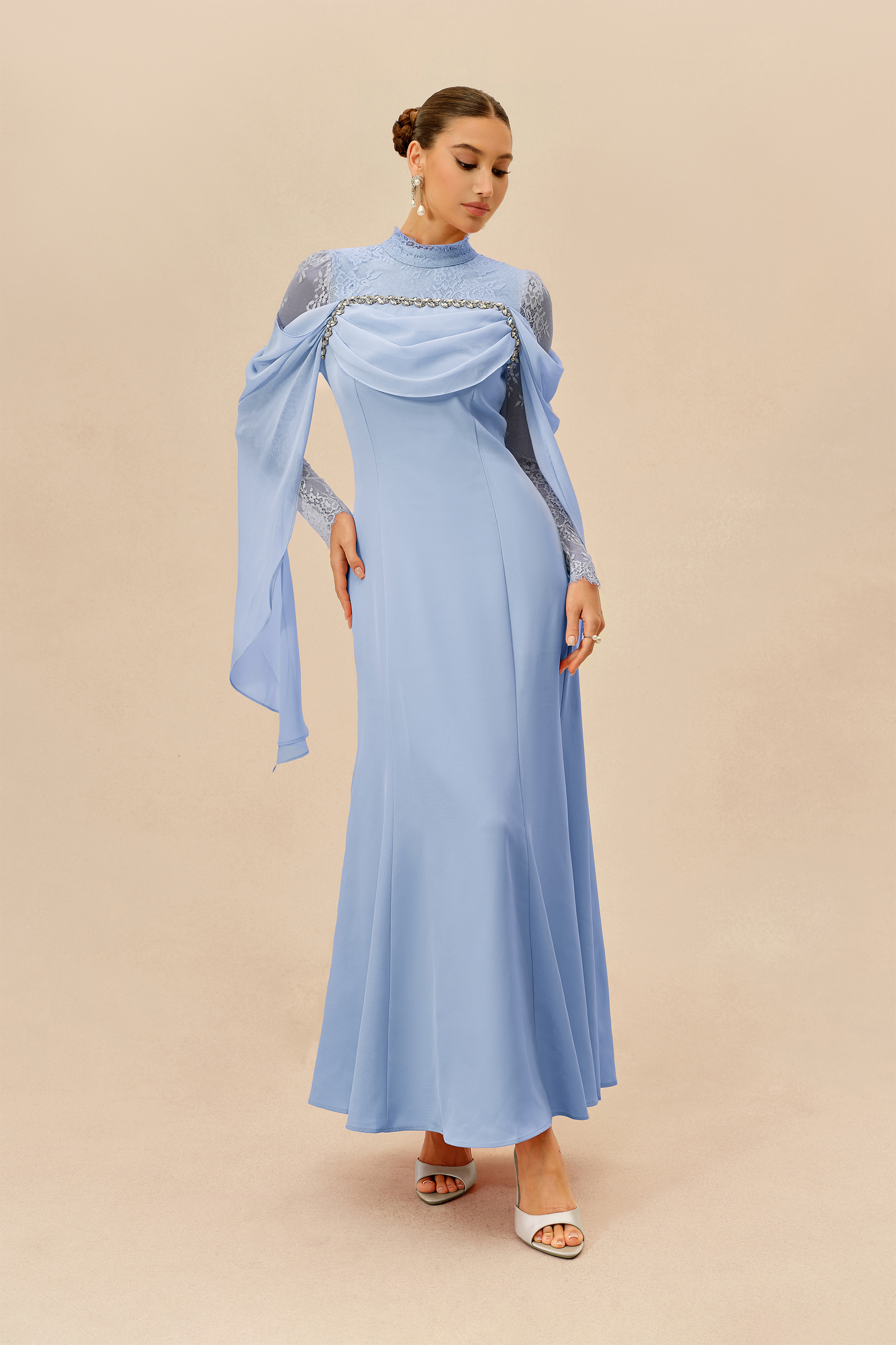 Elegant Attitude Blue Rhinestone Trim Lace Sleeve Maxi Dress