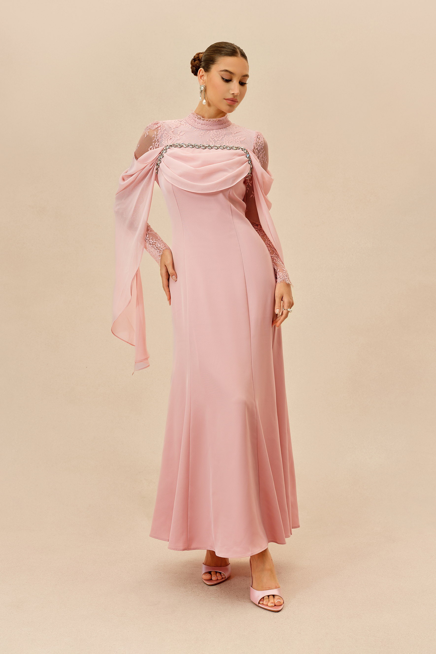 Elegant Attitude Pink Rhinestone Trim Lace Sleeve Maxi Dress