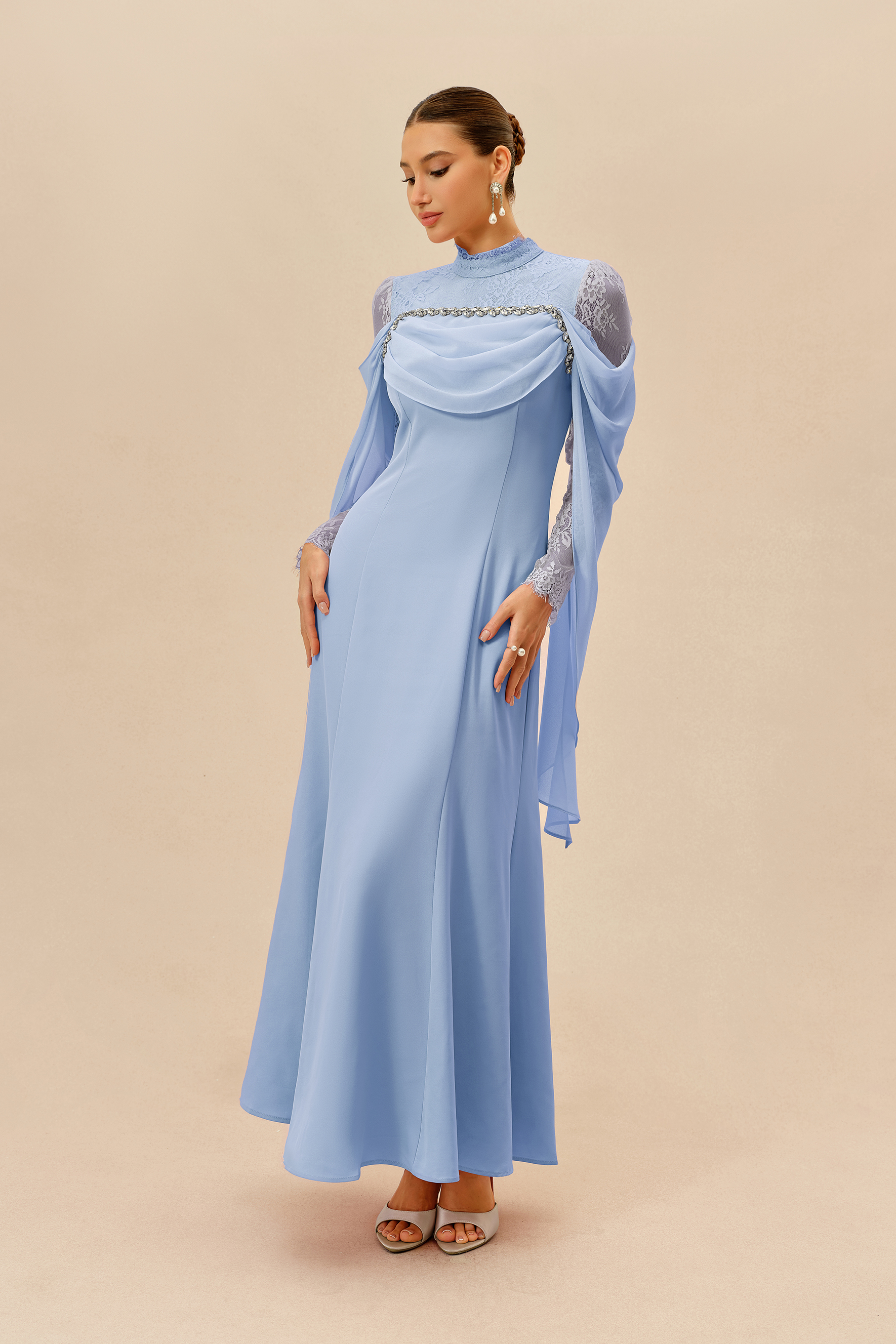 Elegant Attitude Blue Rhinestone Trim Lace Sleeve Maxi Dress