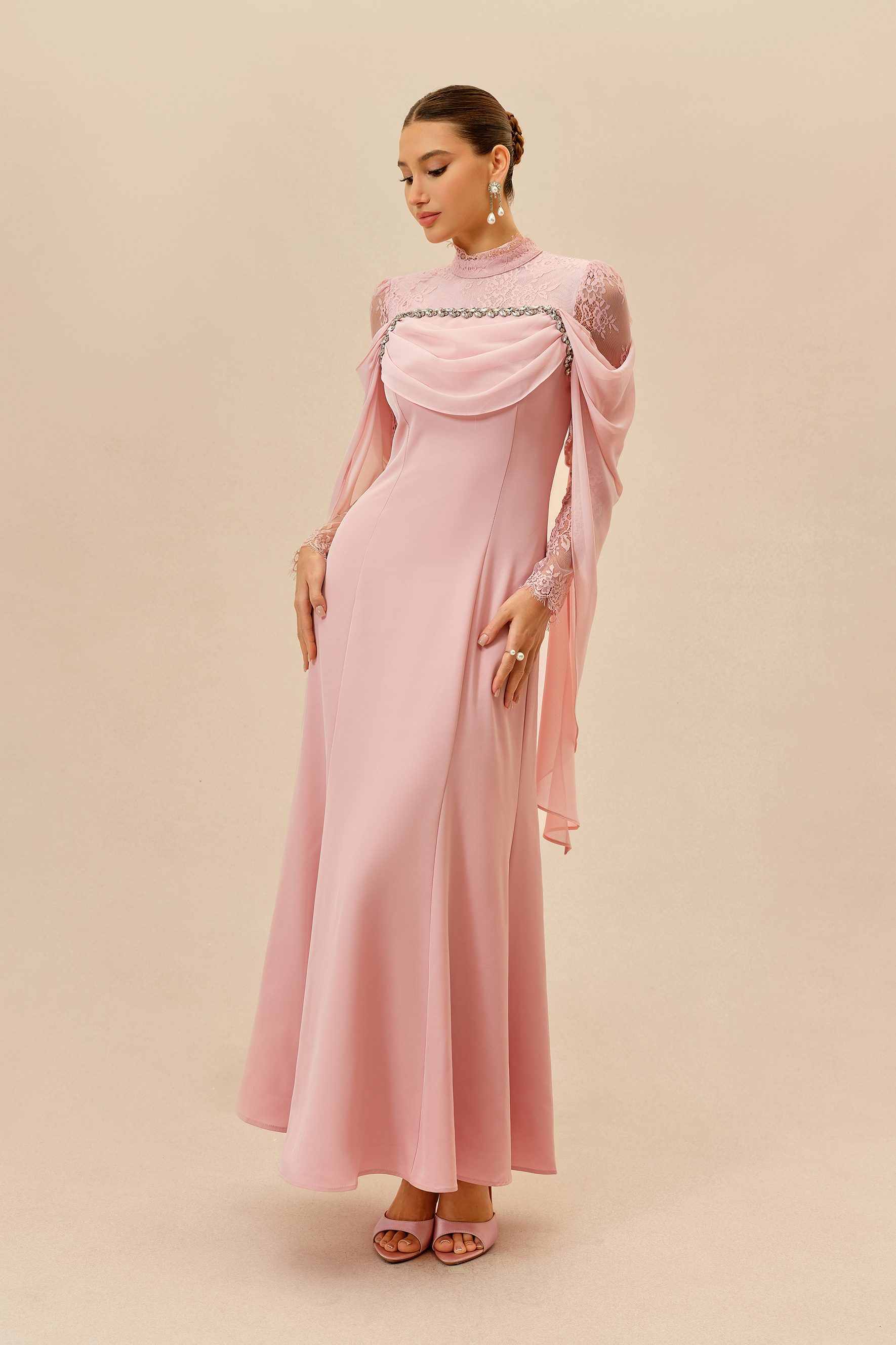 Elegant Attitude Pink Rhinestone Trim Lace Sleeve Maxi Dress