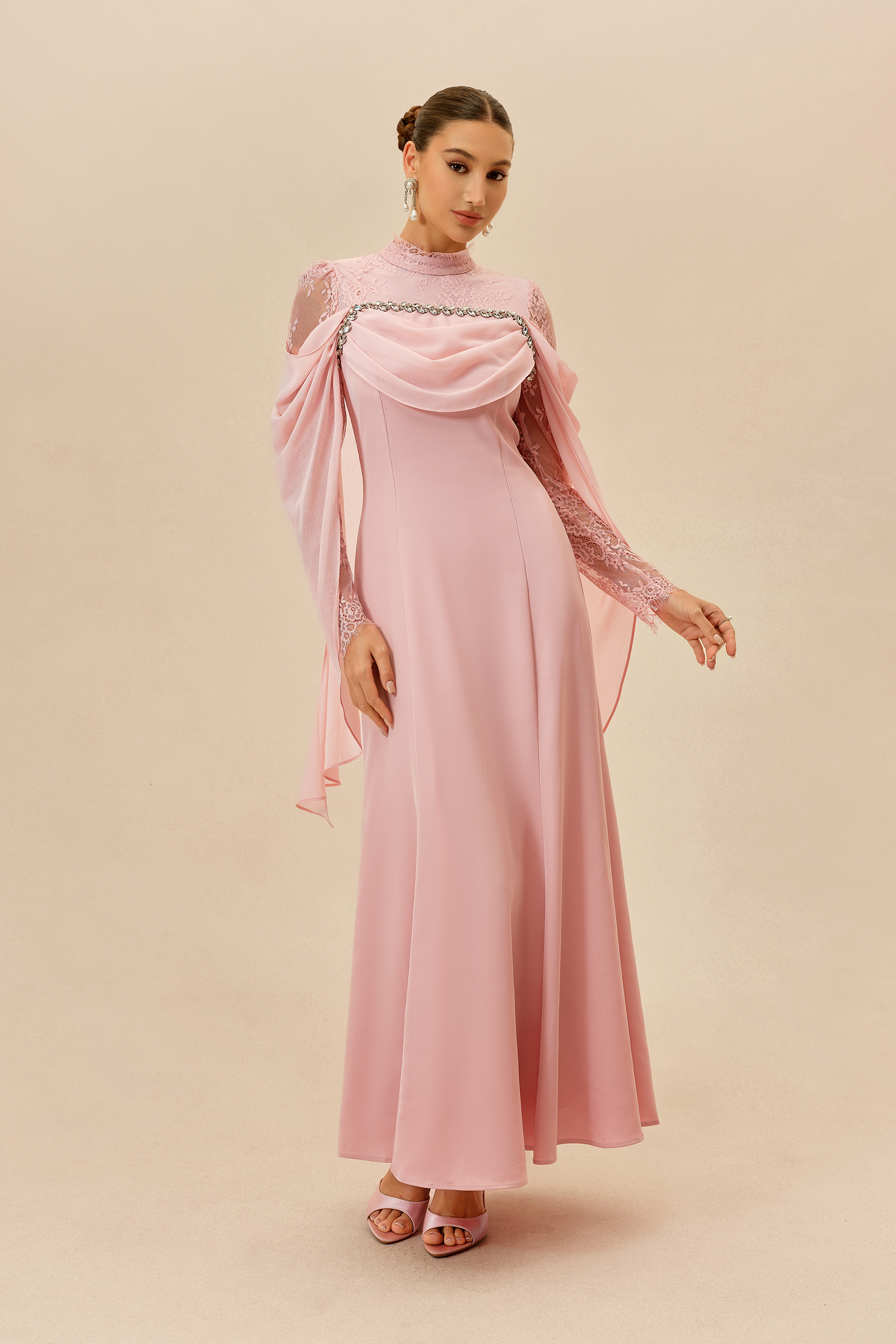 Elegant Attitude Pink Rhinestone Trim Lace Sleeve Maxi Dress