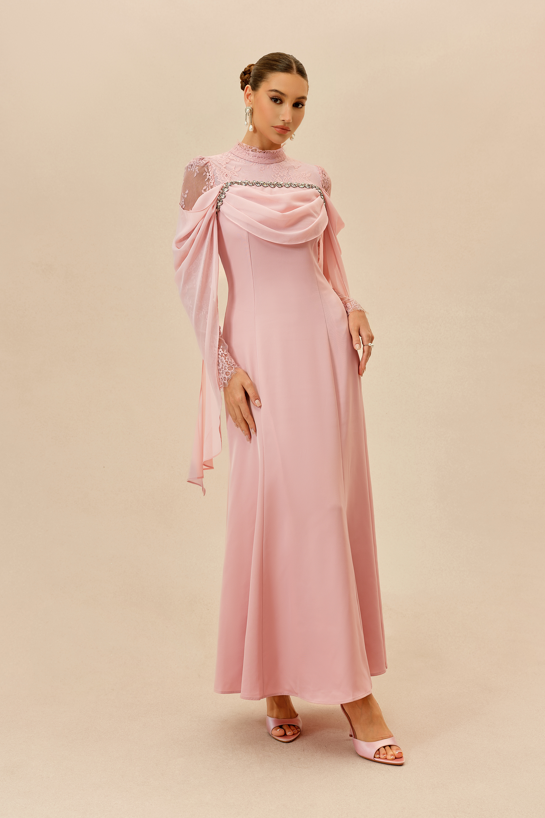 Elegant Attitude Pink Rhinestone Trim Lace Sleeve Maxi Dress