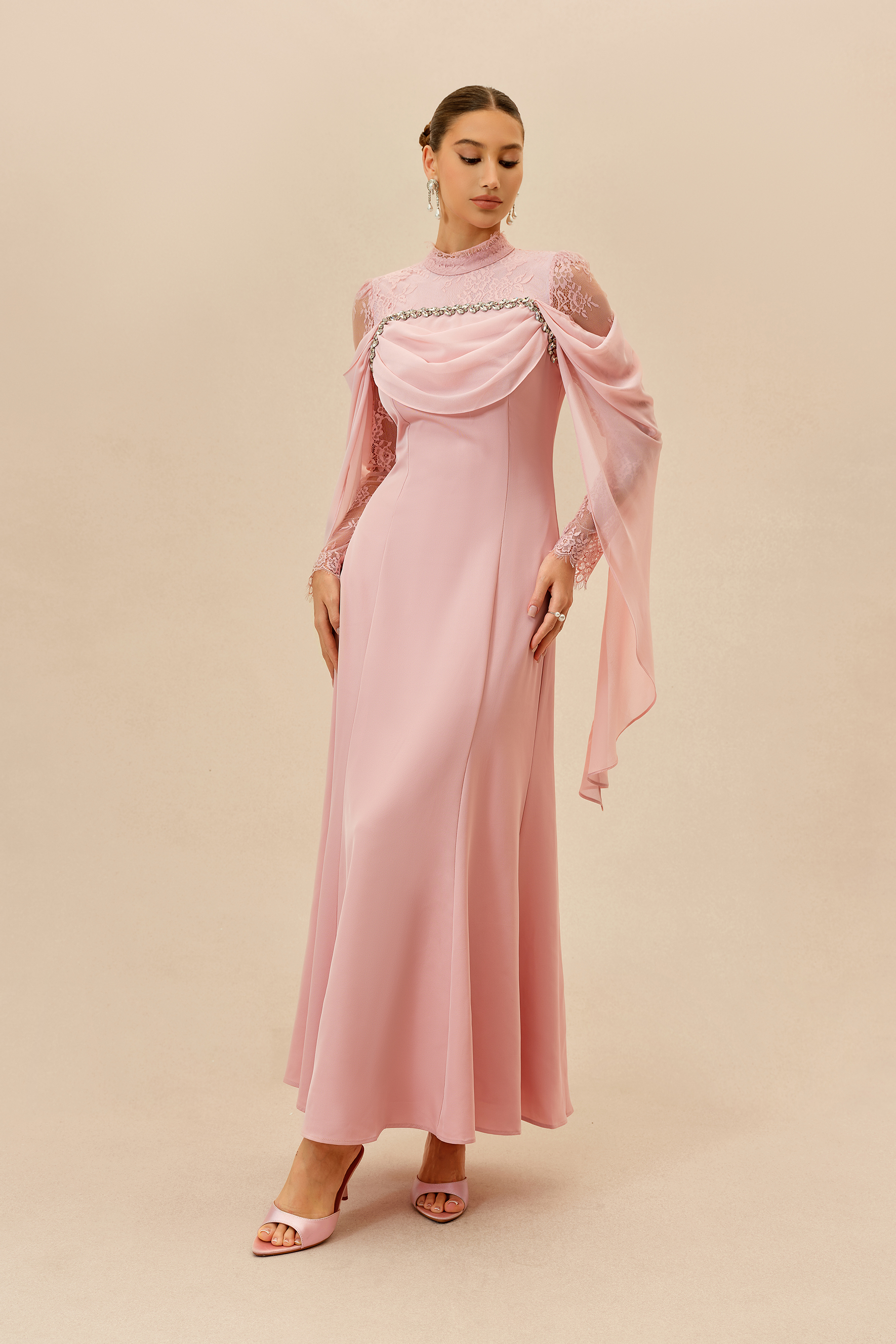 Elegant Attitude Pink Rhinestone Trim Lace Sleeve Maxi Dress
