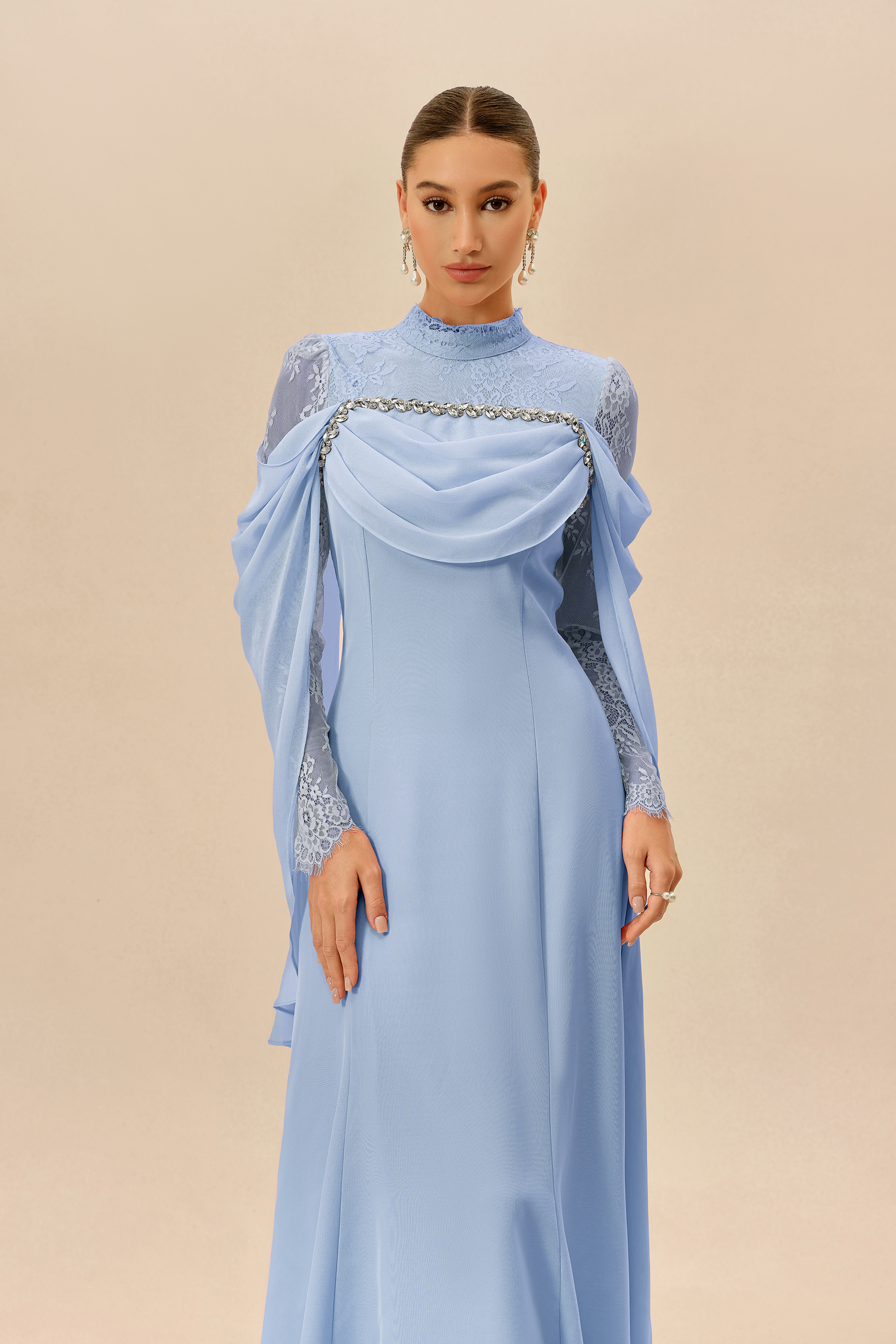 Elegant Attitude Blue Rhinestone Trim Lace Sleeve Maxi Dress