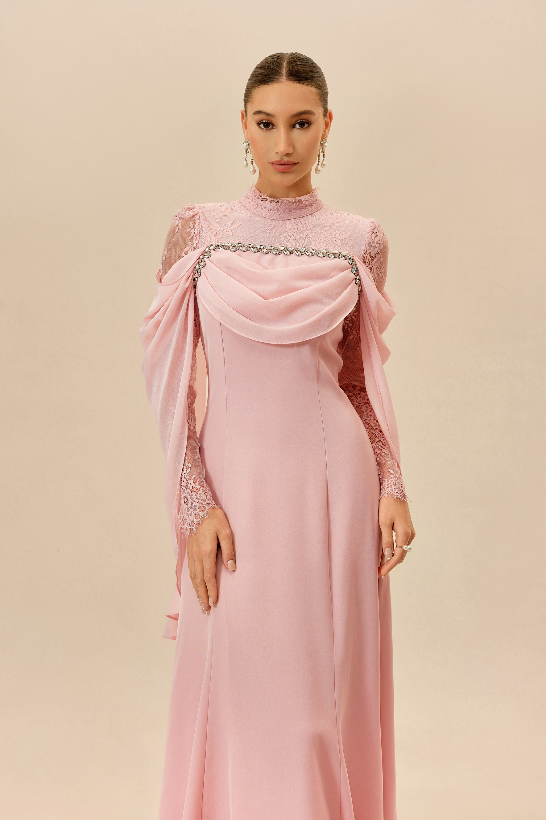 Elegant Attitude Pink Rhinestone Trim Lace Sleeve Maxi Dress