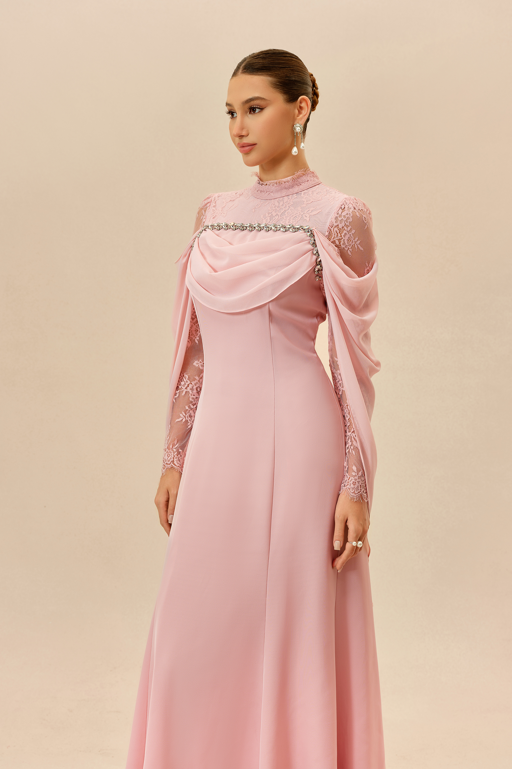 Elegant Attitude Pink Rhinestone Trim Lace Sleeve Maxi Dress