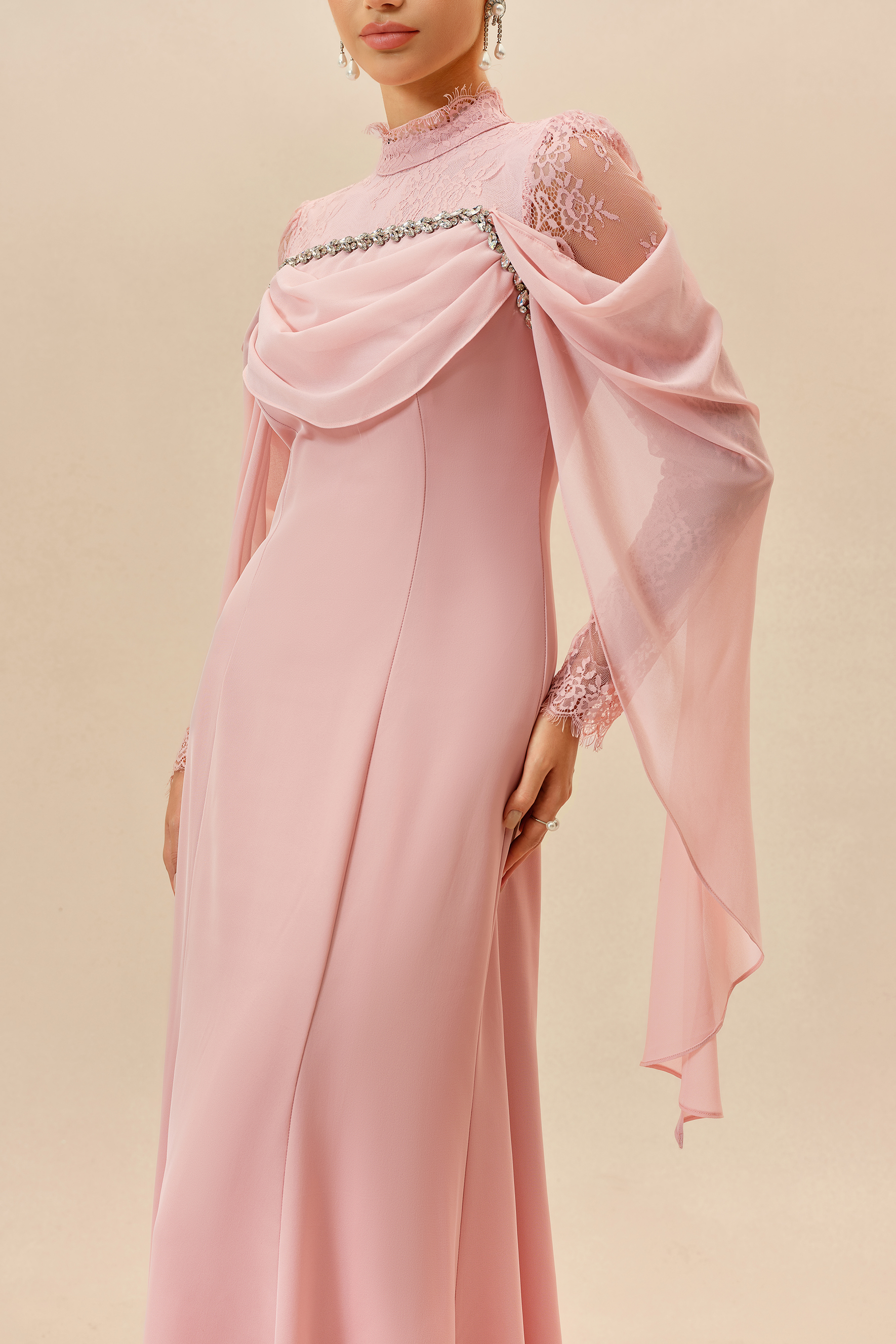 Elegant Attitude Pink Rhinestone Trim Lace Sleeve Maxi Dress