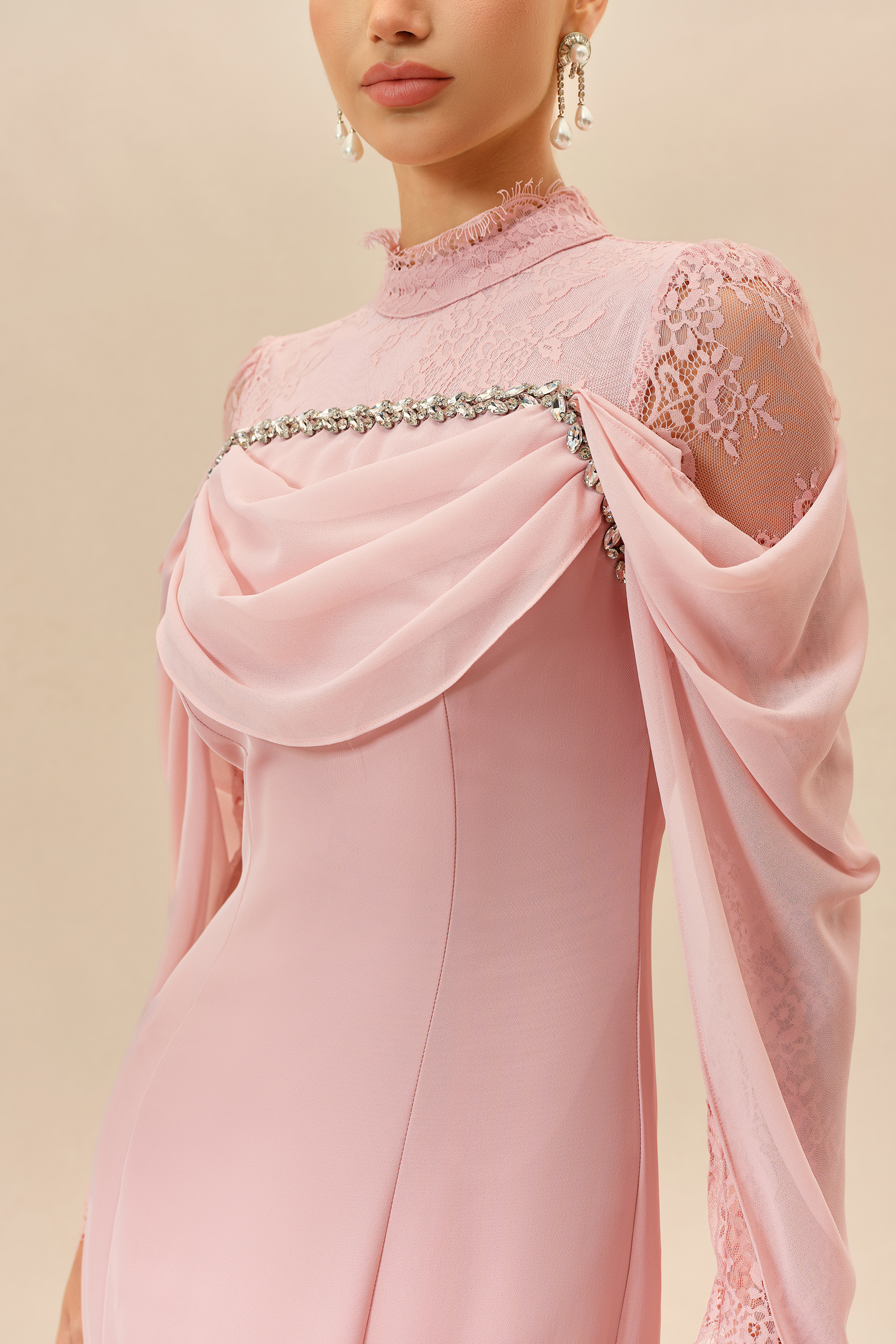 Elegant Attitude Pink Rhinestone Trim Lace Sleeve Maxi Dress