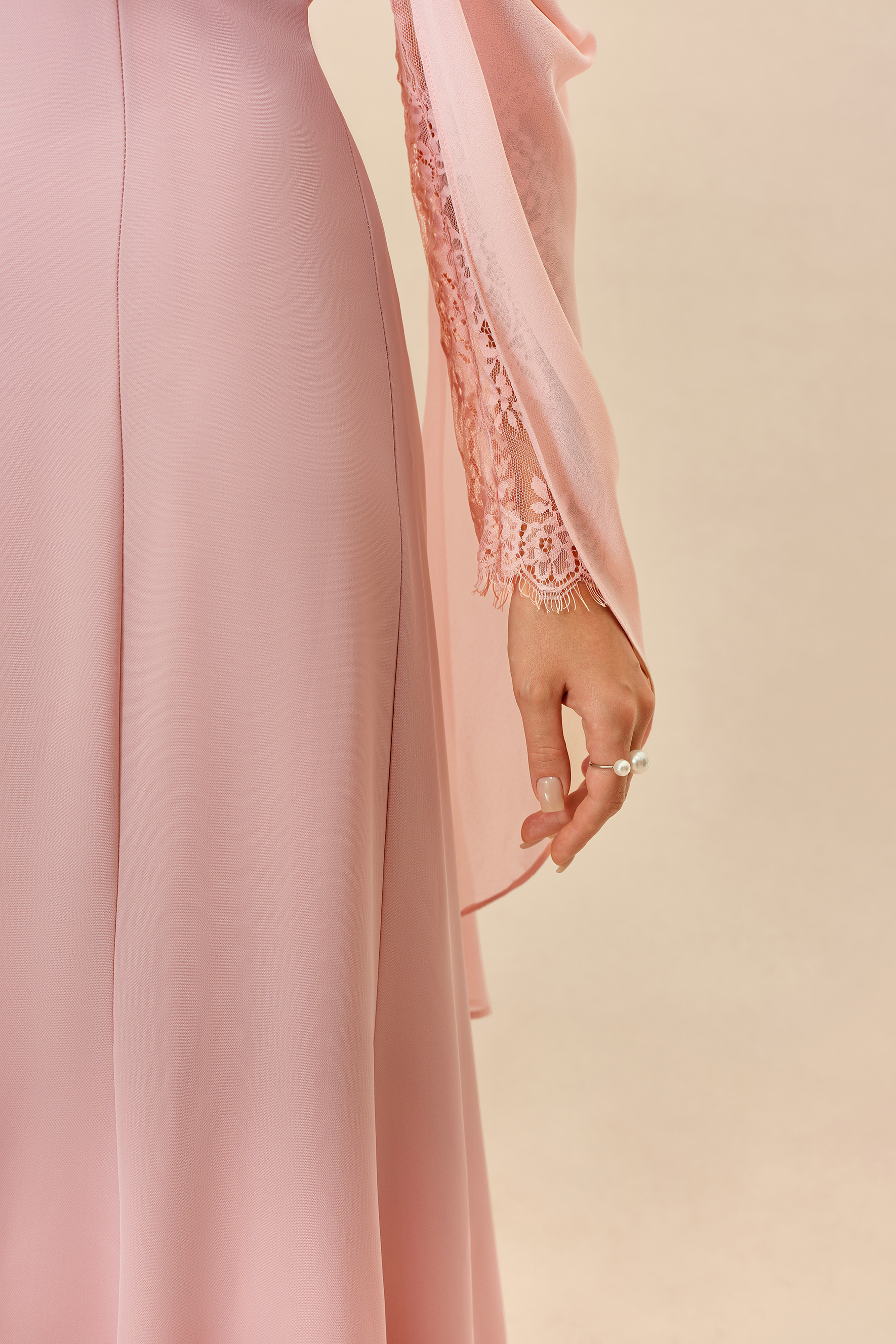 Elegant Attitude Pink Rhinestone Trim Lace Sleeve Maxi Dress