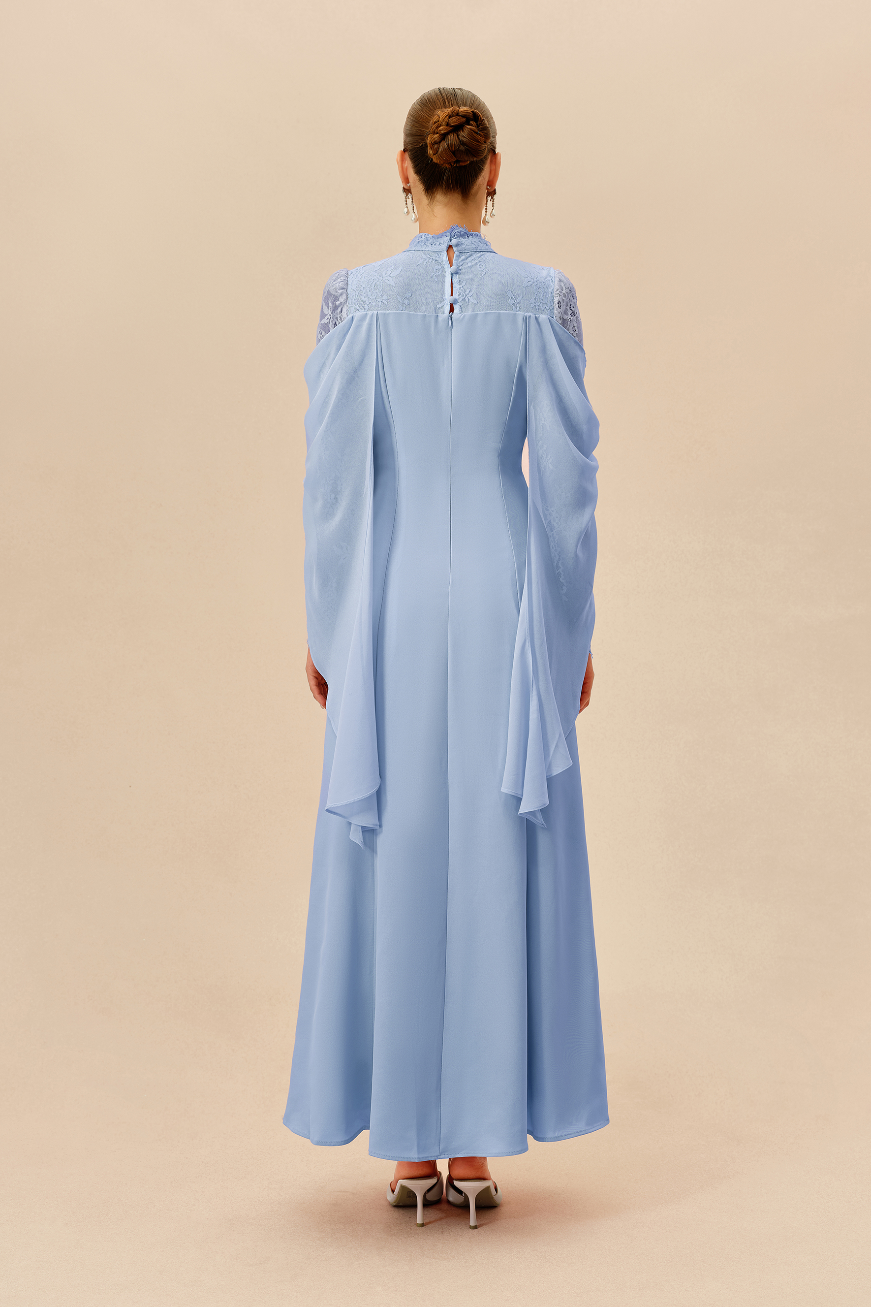 Elegant Attitude Blue Rhinestone Trim Lace Sleeve Maxi Dress