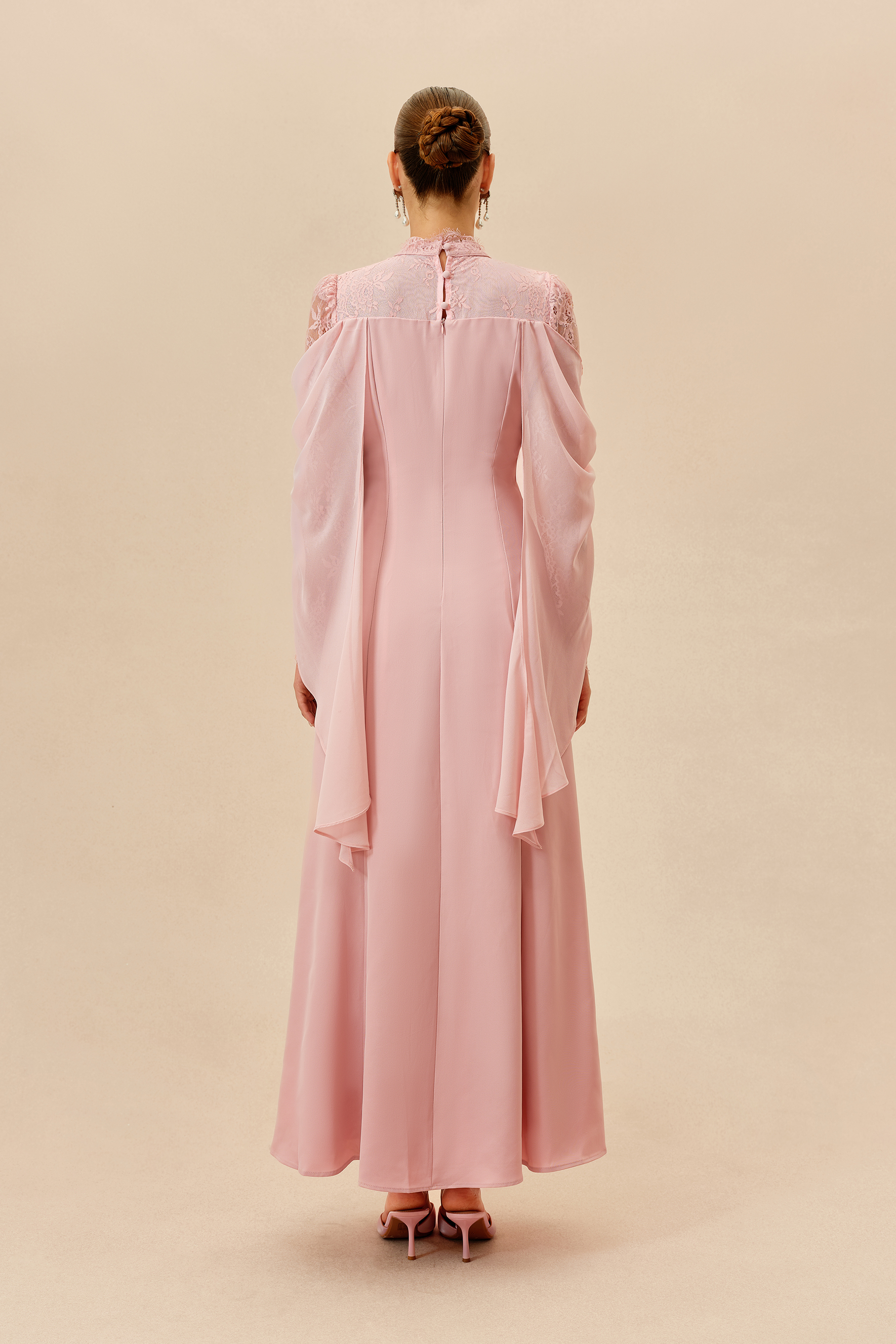 Elegant Attitude Pink Rhinestone Trim Lace Sleeve Maxi Dress