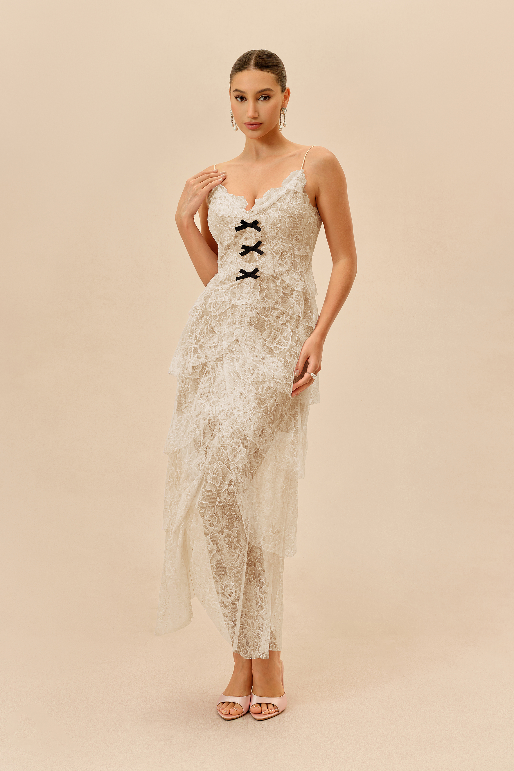 Fatal Attraction Apricot Floral Lace Layered Hem Maxi Dress