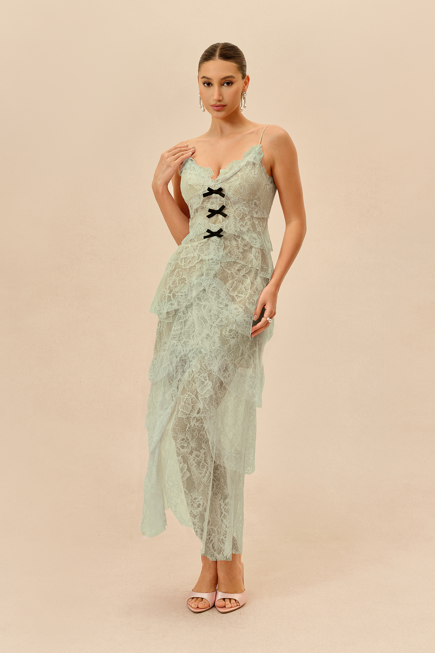 Fatal Attraction Light Green Floral Lace Layered Hem Maxi Dress