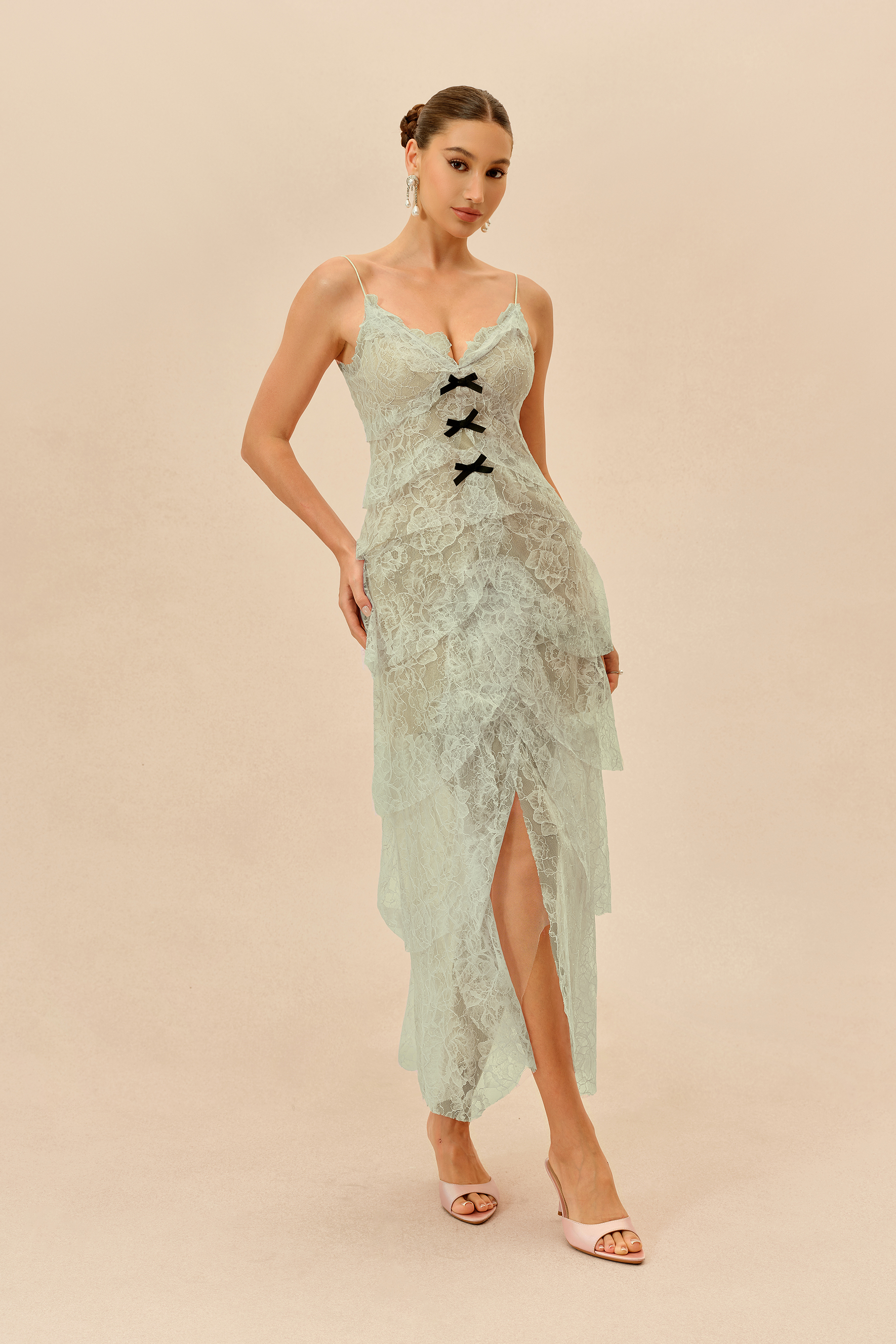 Fatal Attraction Light Green Floral Lace Layered Hem Maxi Dress