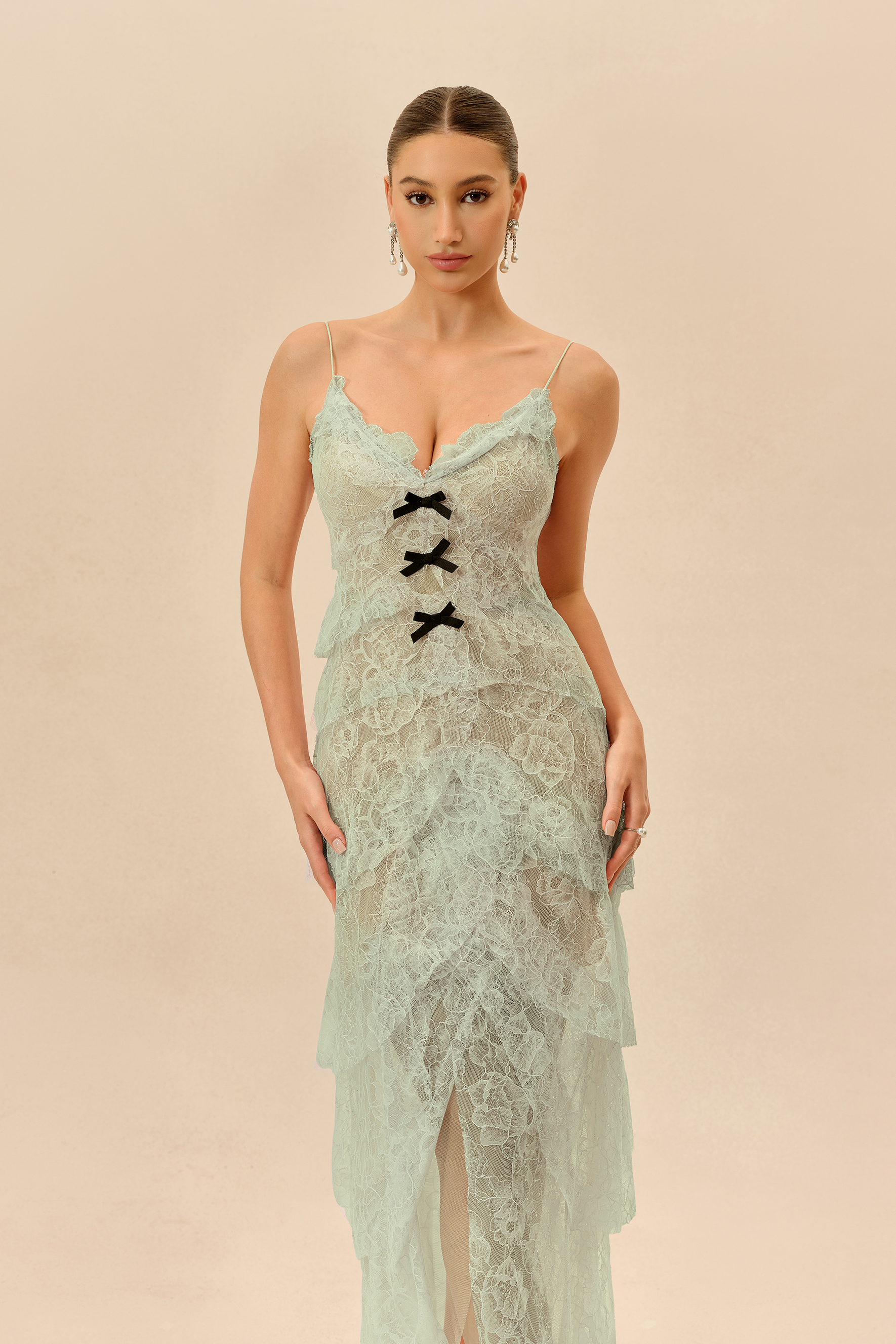 Fatal Attraction Light Green Floral Lace Layered Hem Maxi Dress