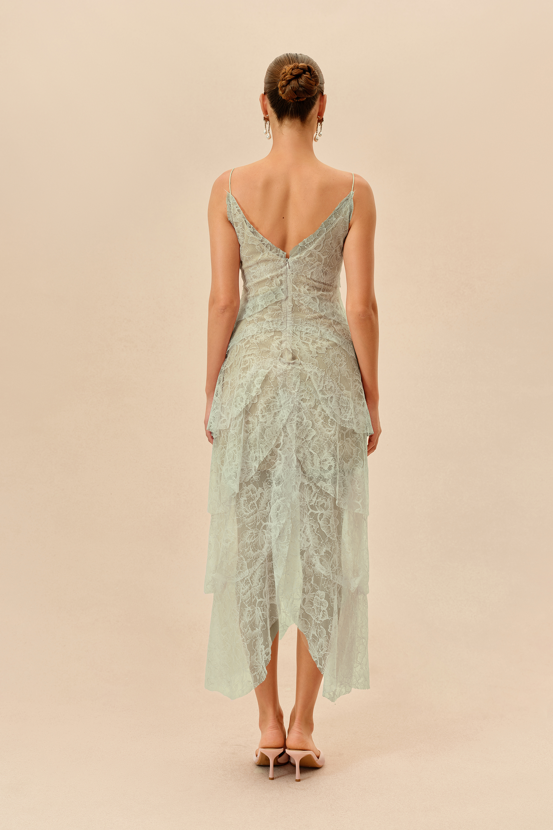 Fatal Attraction Light Green Floral Lace Layered Hem Maxi Dress