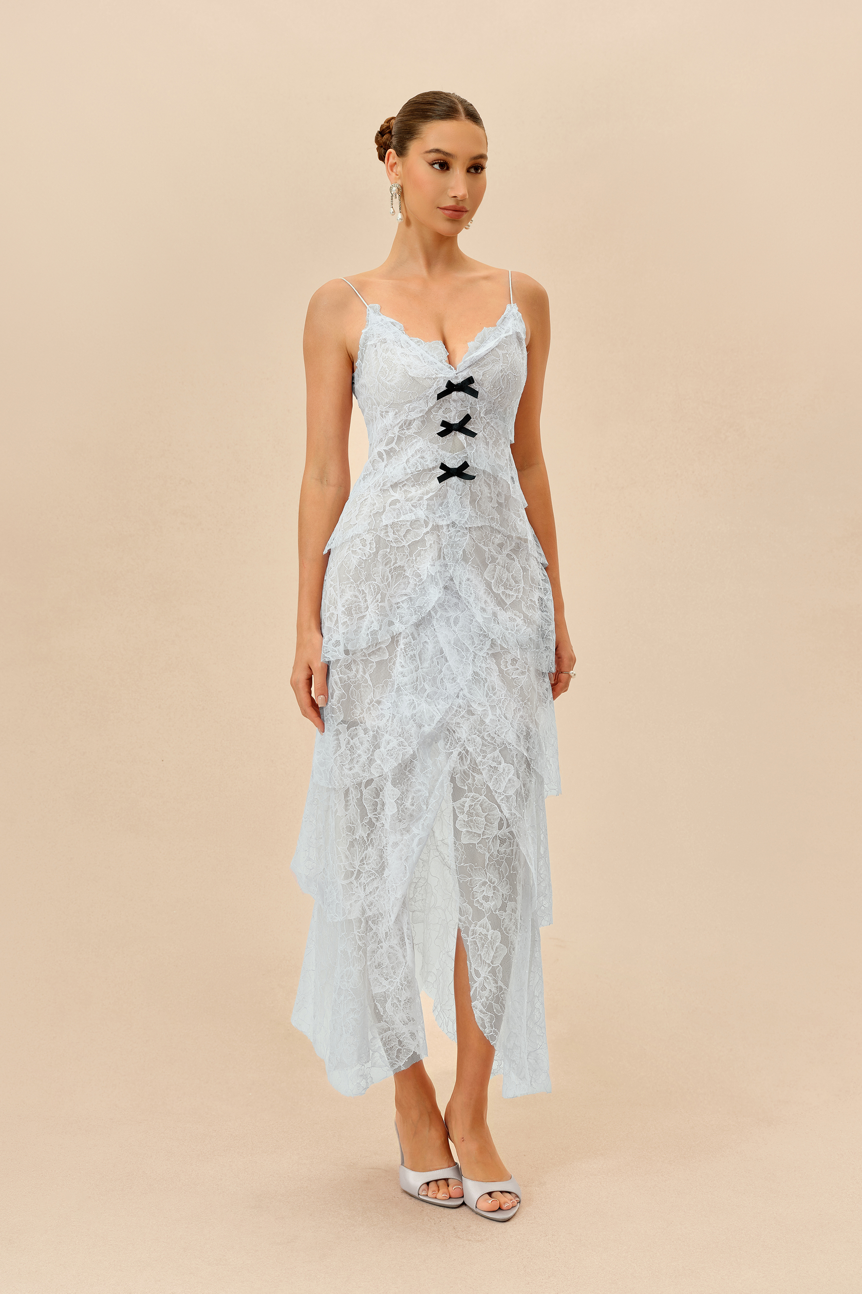 Fatal Attraction Light Blue Floral Lace Layered Hem Maxi Dress