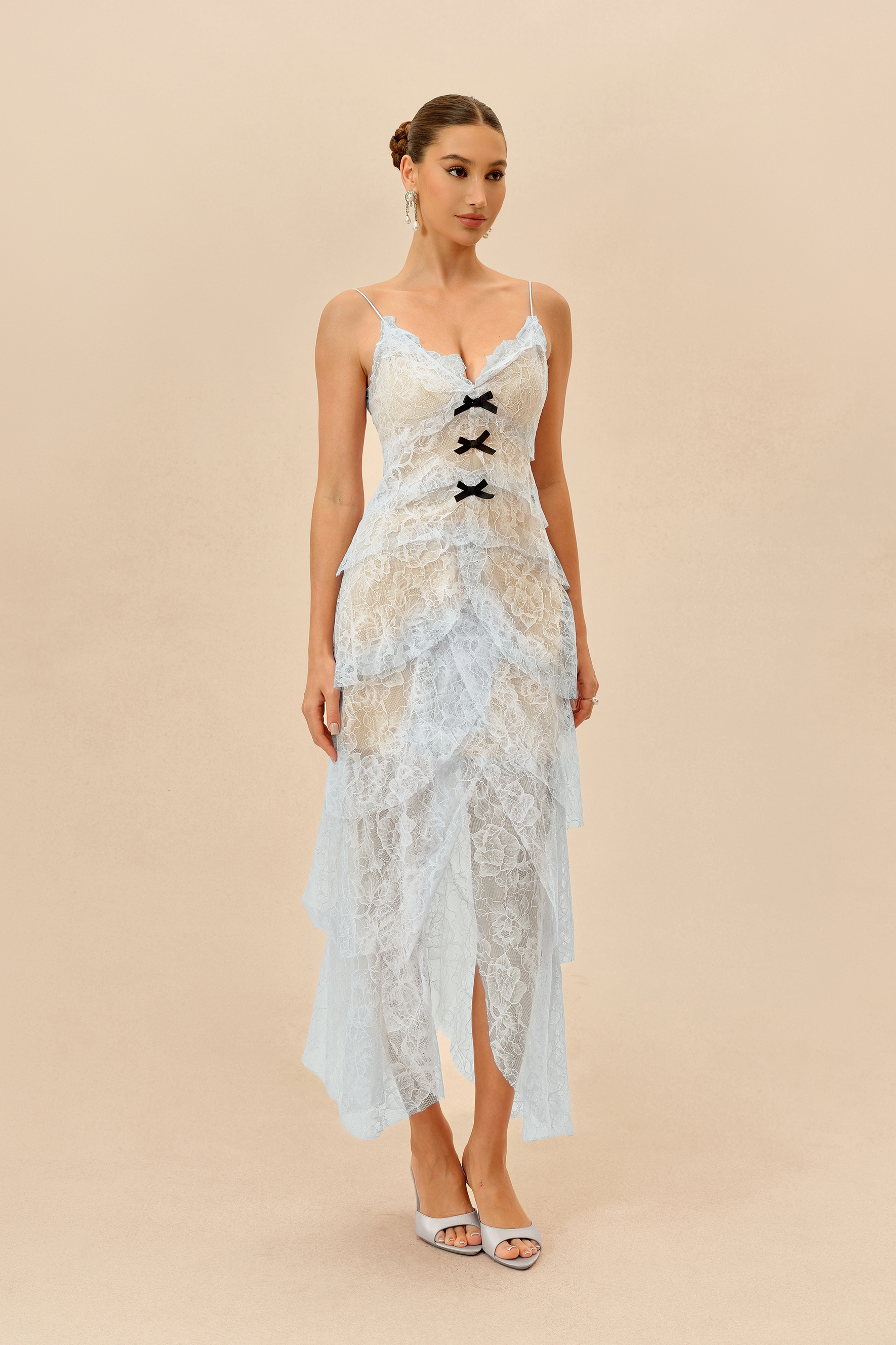 Fatal Attraction Light Blue Floral Lace Layered Hem Maxi Dress