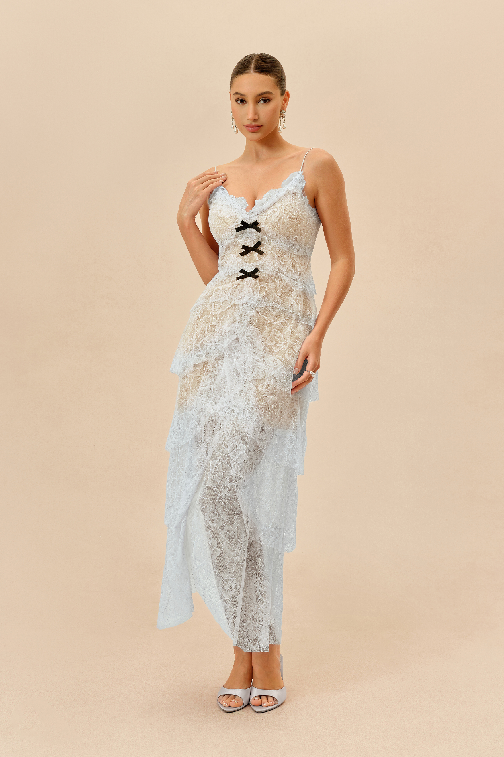 Fatal Attraction Light Blue Floral Lace Layered Hem Maxi Dress