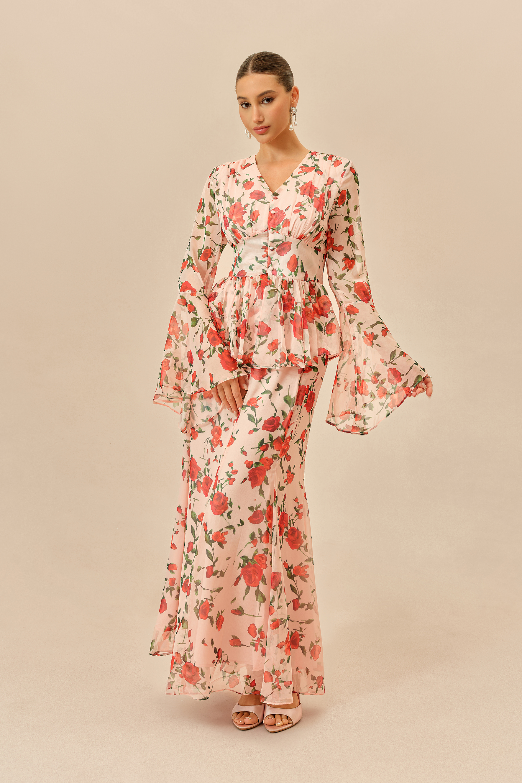 Spring Romance Pink Floral Print Peplum Top & Skirt Set