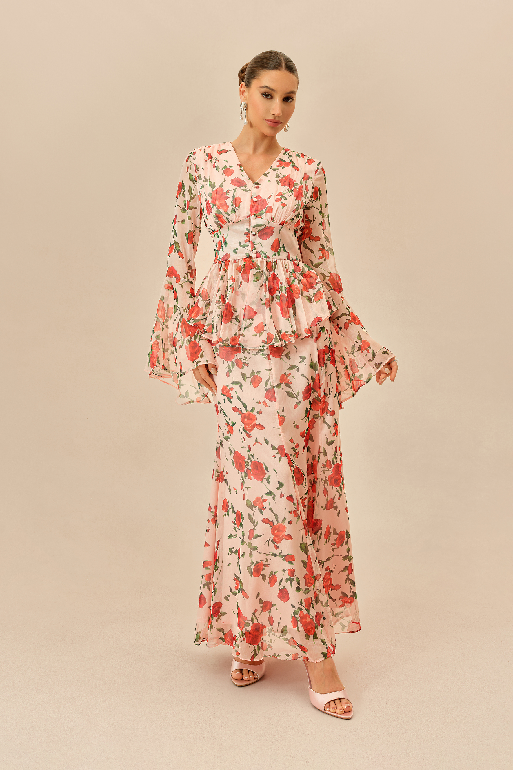 Spring Romance Pink Floral Print Peplum Top & Skirt Set