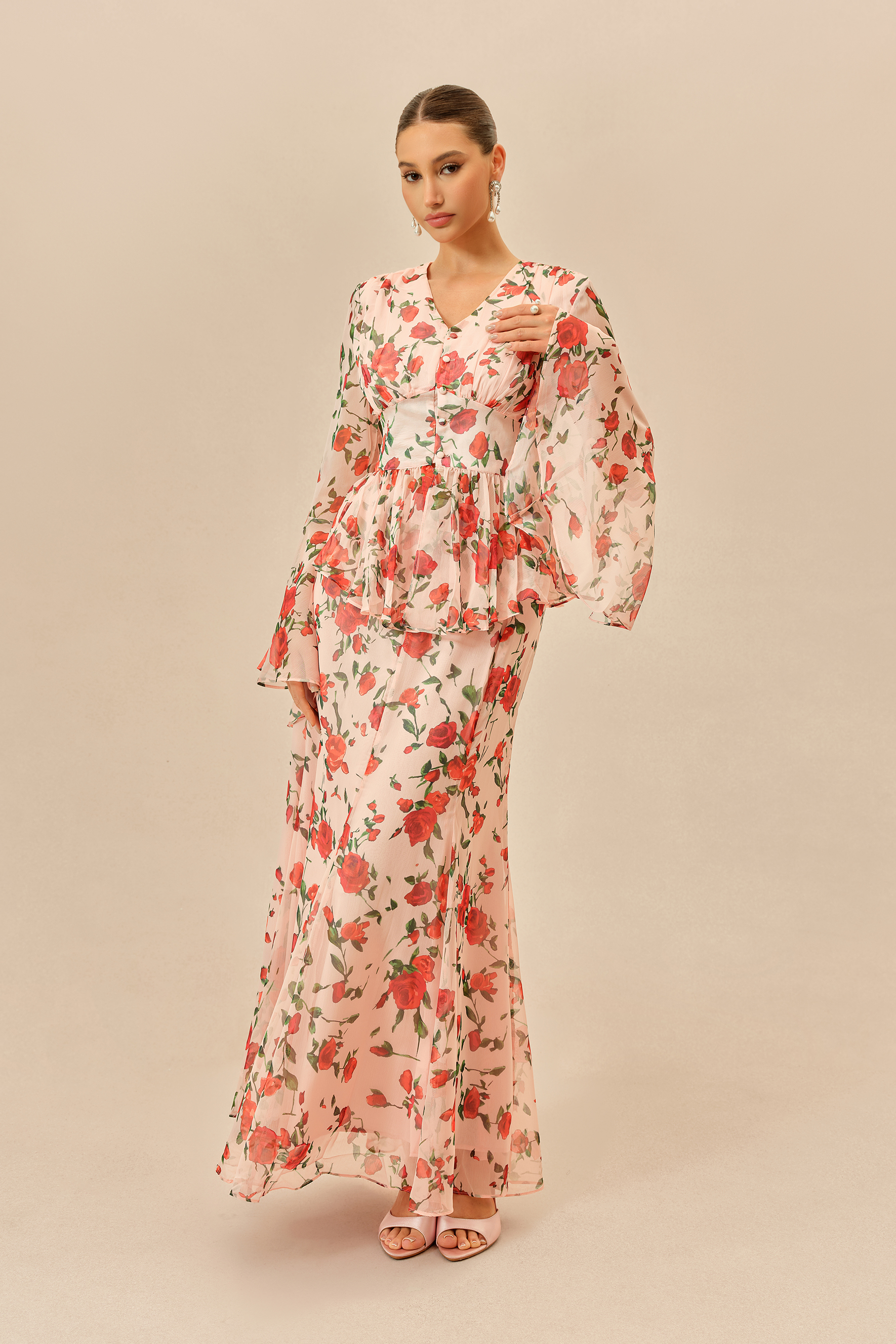 Spring Romance Pink Floral Print Peplum Top & Skirt Set