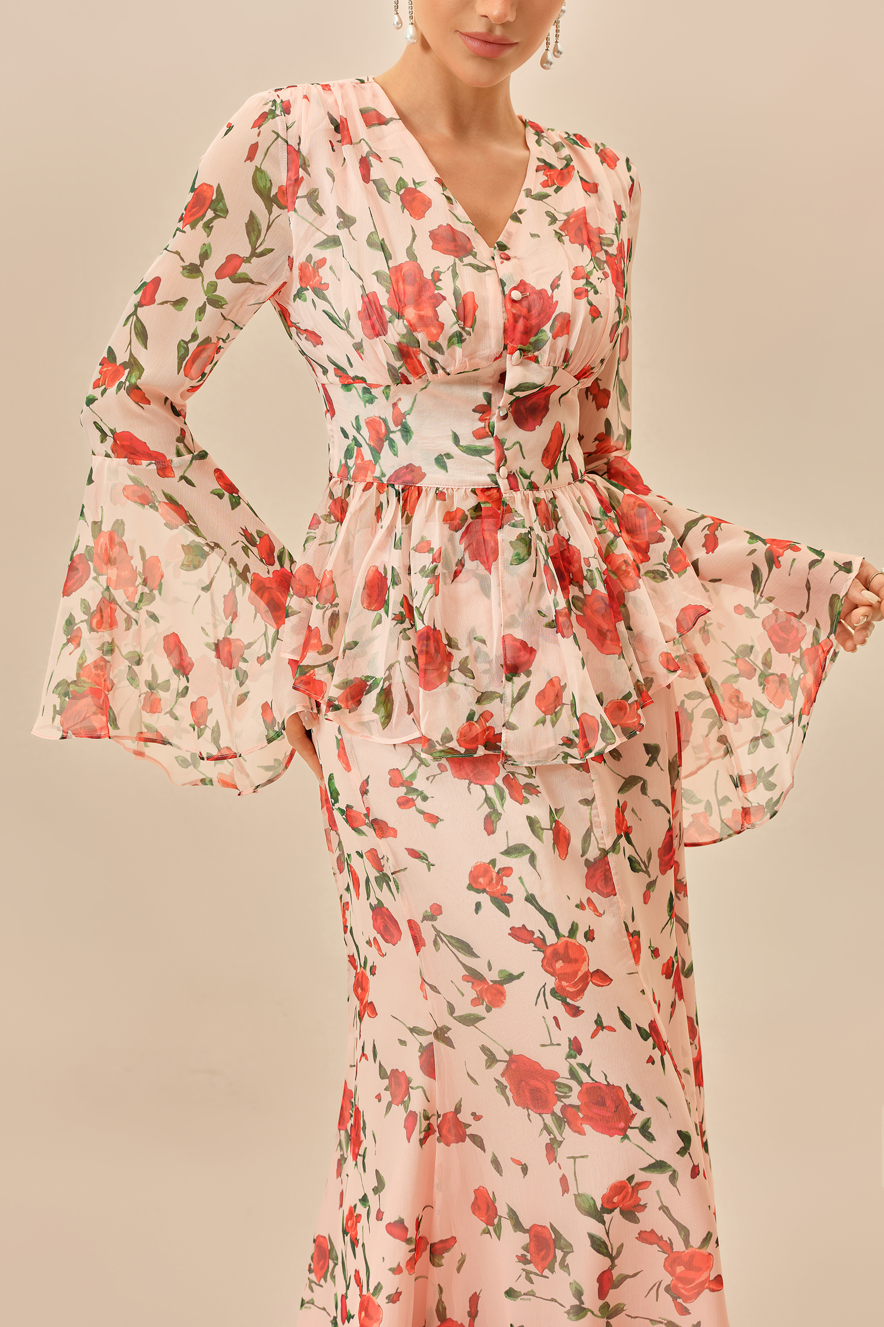 Spring Romance Pink Floral Print Peplum Top & Skirt Set