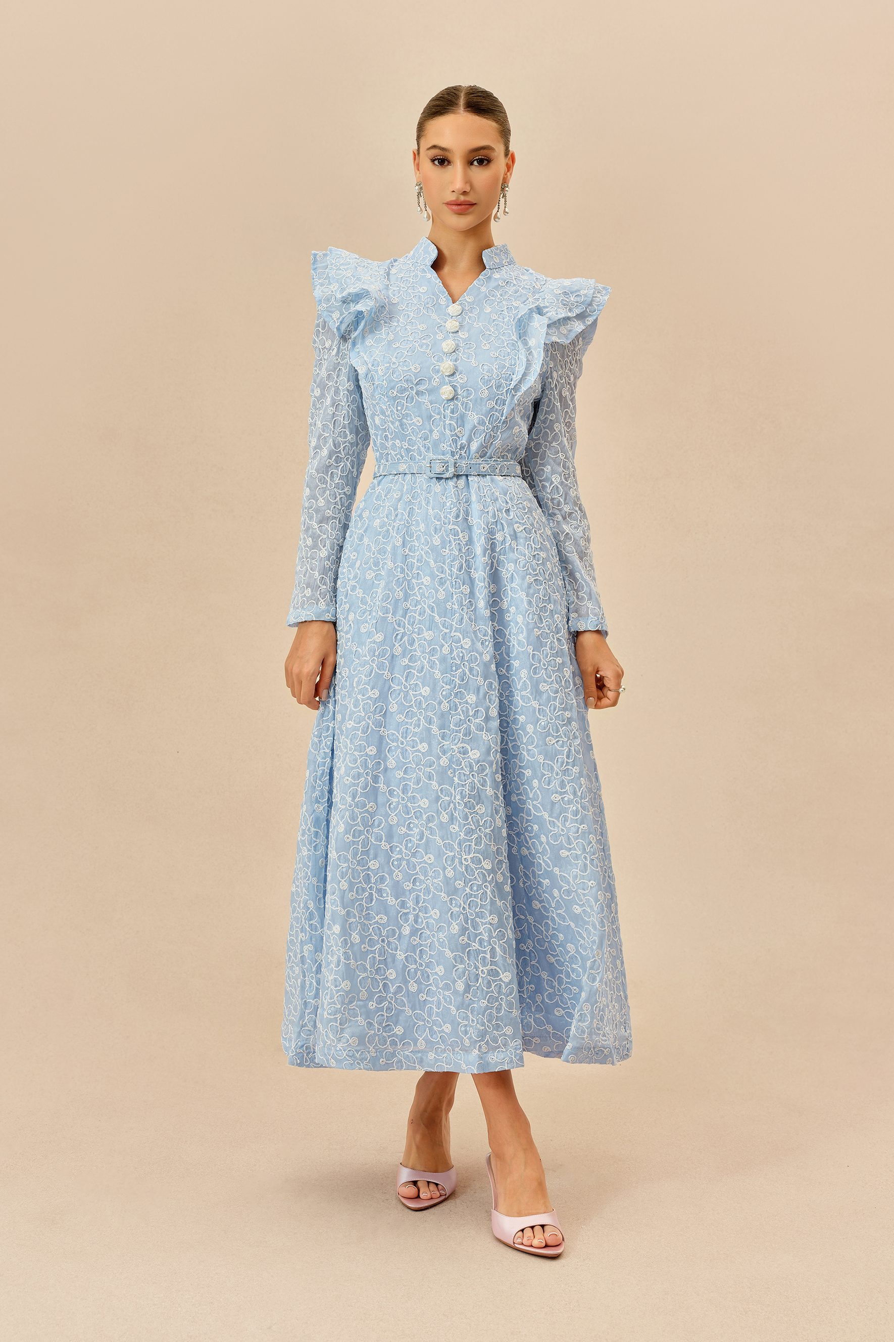 Casual Daydream Blue Floral Embroidery Ruffle Shoulder Maxi Dress