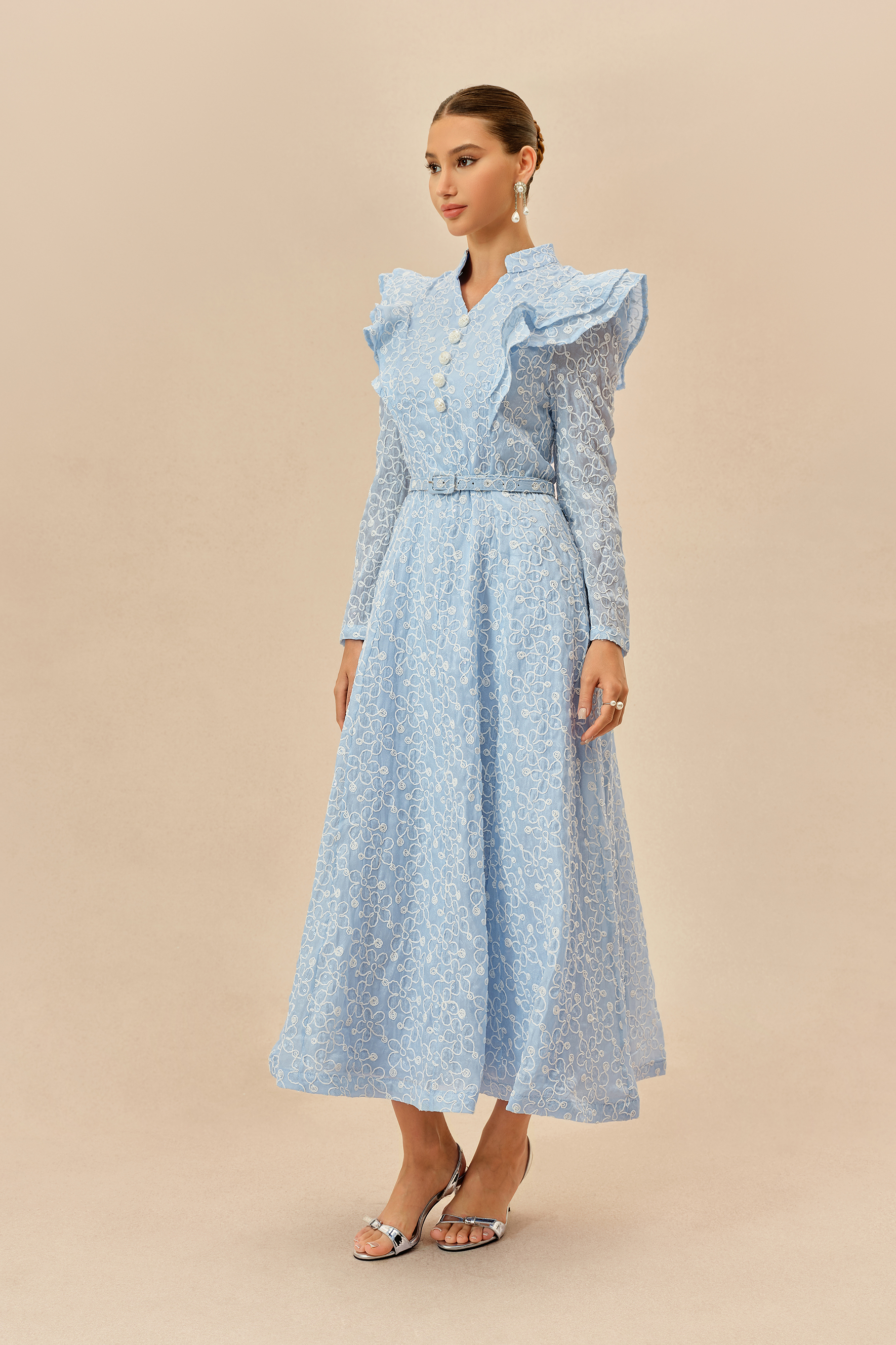 Casual Daydream Blue Floral Embroidery Ruffle Shoulder Maxi Dress
