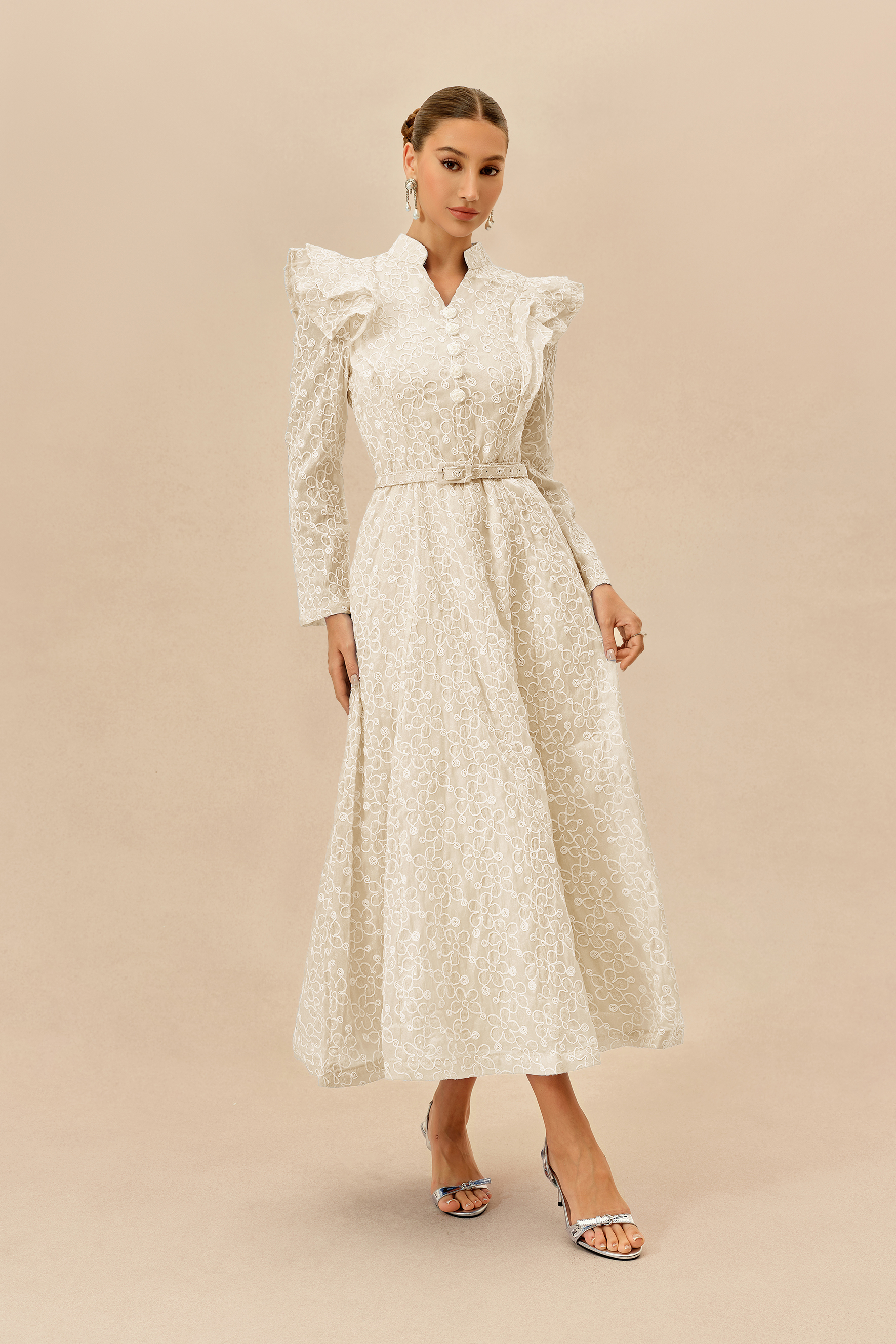 Casual Daydream Apricot Floral Embroidery Ruffle Shoulder Maxi Dress