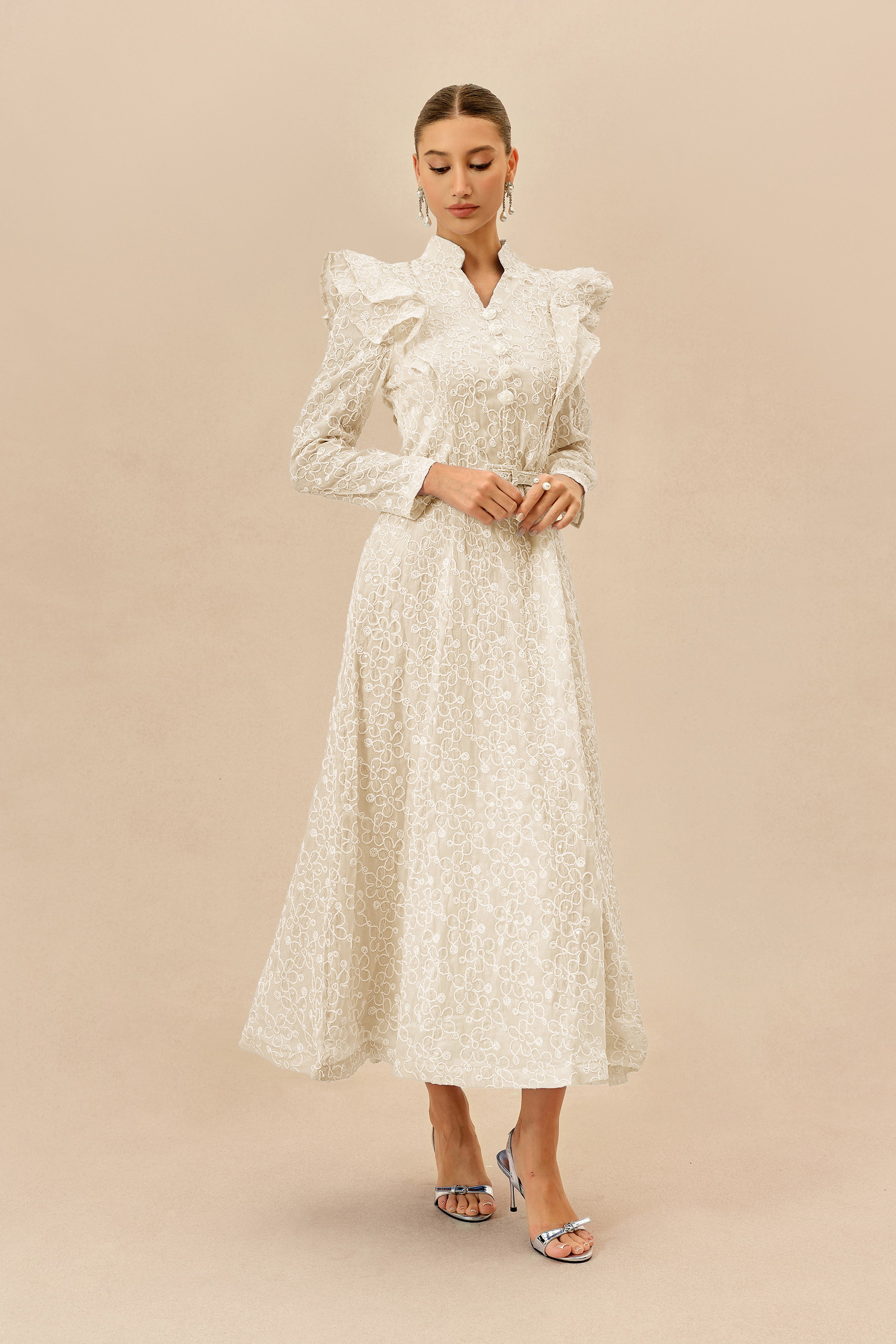 Casual Daydream Apricot Floral Embroidery Ruffle Shoulder Maxi Dress